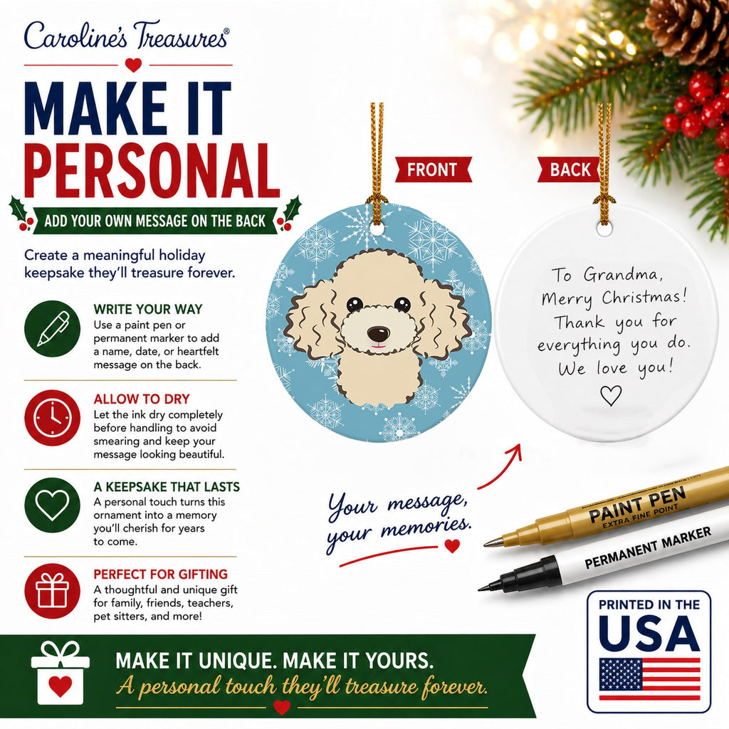 Snowflake Buff Poodle Ceramic Ornament Christmas Tree Hanging Decorations for Home Christmas Holiday, Party, Gift, 3 in, Multicolor