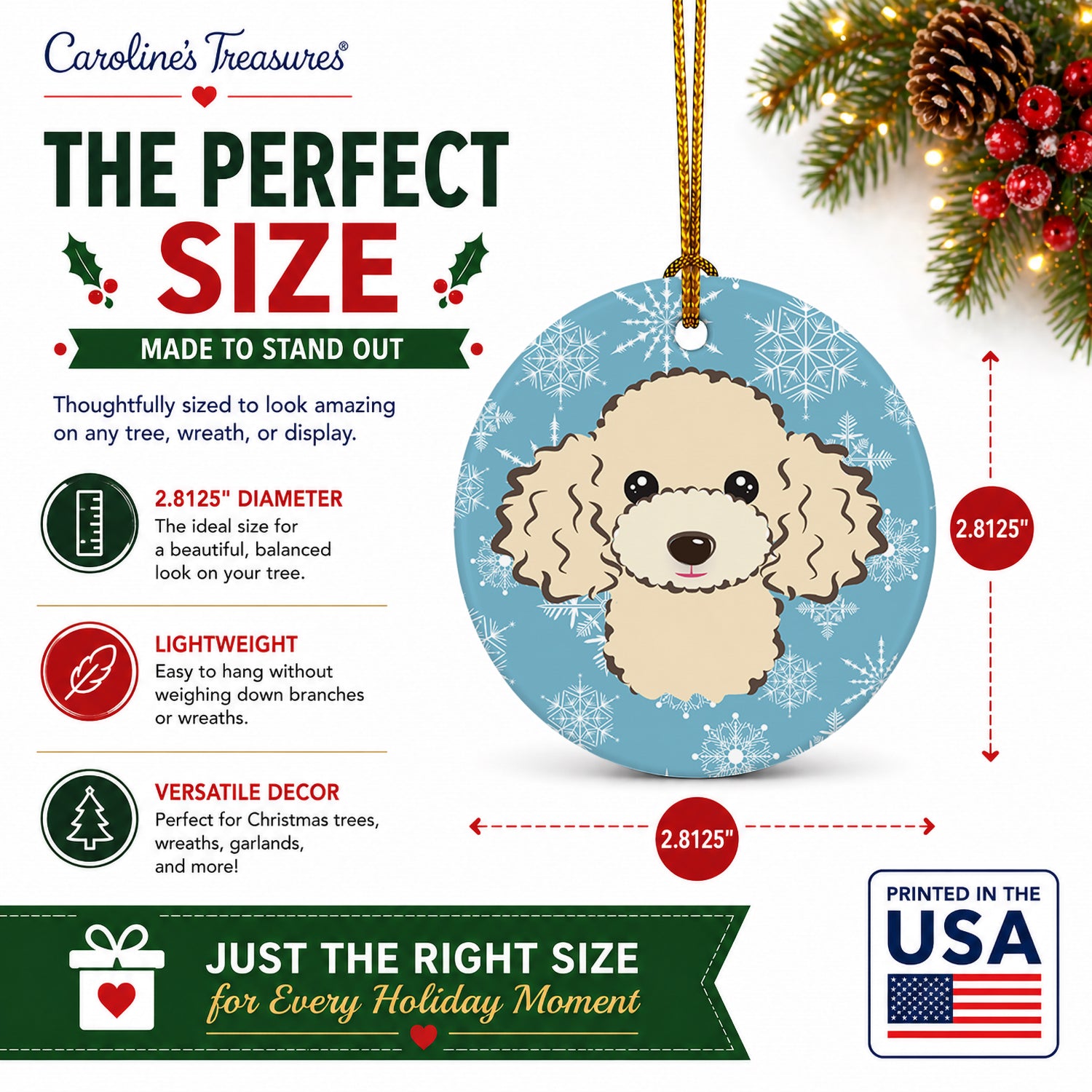 Snowflake Buff Poodle Ceramic Ornament Christmas Tree Hanging Decorations for Home Christmas Holiday, Party, Gift, 3 in, Multicolor