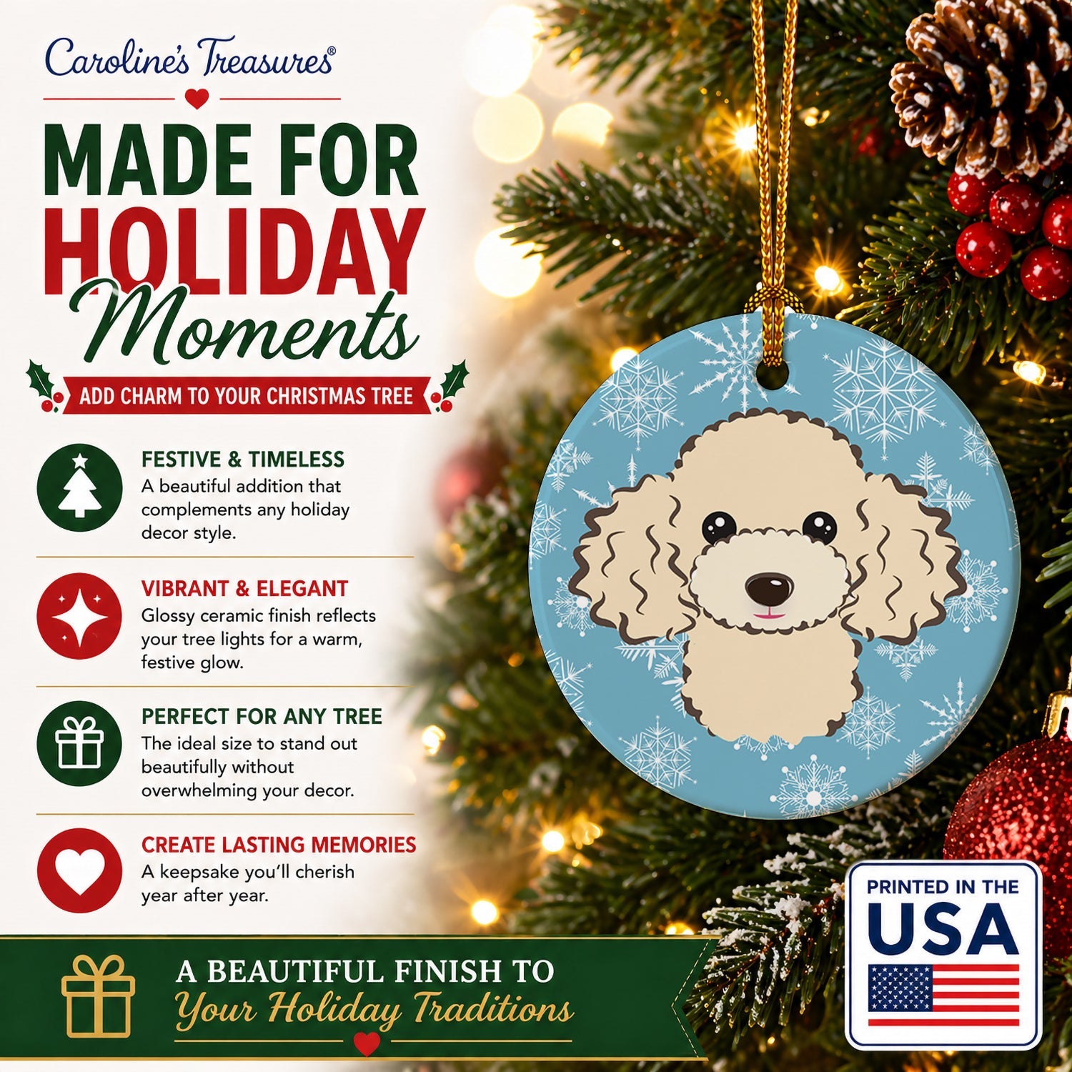 Snowflake Buff Poodle Ceramic Ornament Christmas Tree Hanging Decorations for Home Christmas Holiday, Party, Gift, 3 in, Multicolor