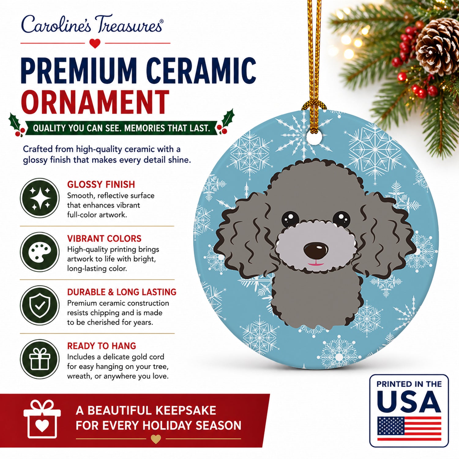 Snowflake Silver Gray Poodle Ceramic Ornament Christmas Tree Hanging Decorations for Home Christmas Holiday, Party, Gift, 3 in, Multicolor
