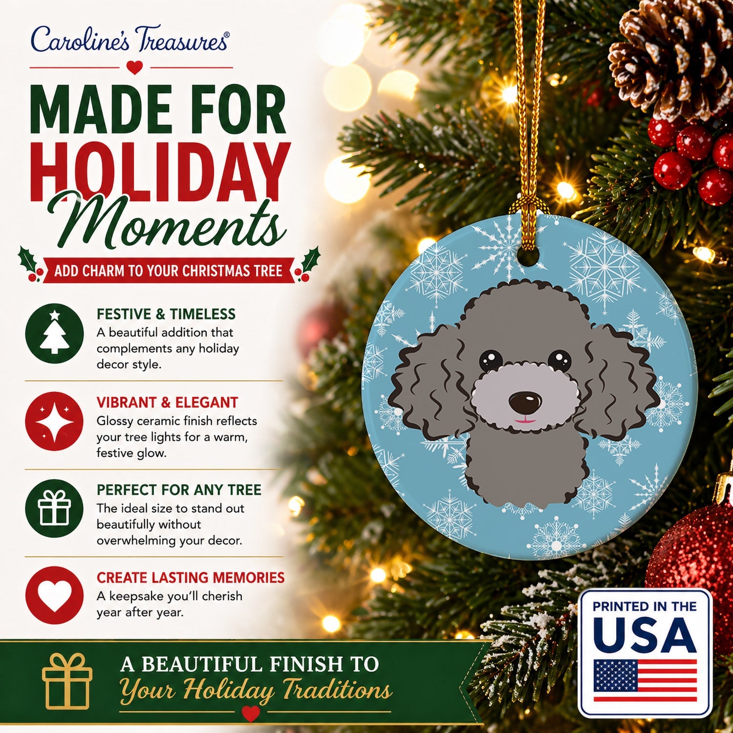 Snowflake Silver Gray Poodle Ceramic Ornament Christmas Tree Hanging Decorations for Home Christmas Holiday, Party, Gift, 3 in, Multicolor