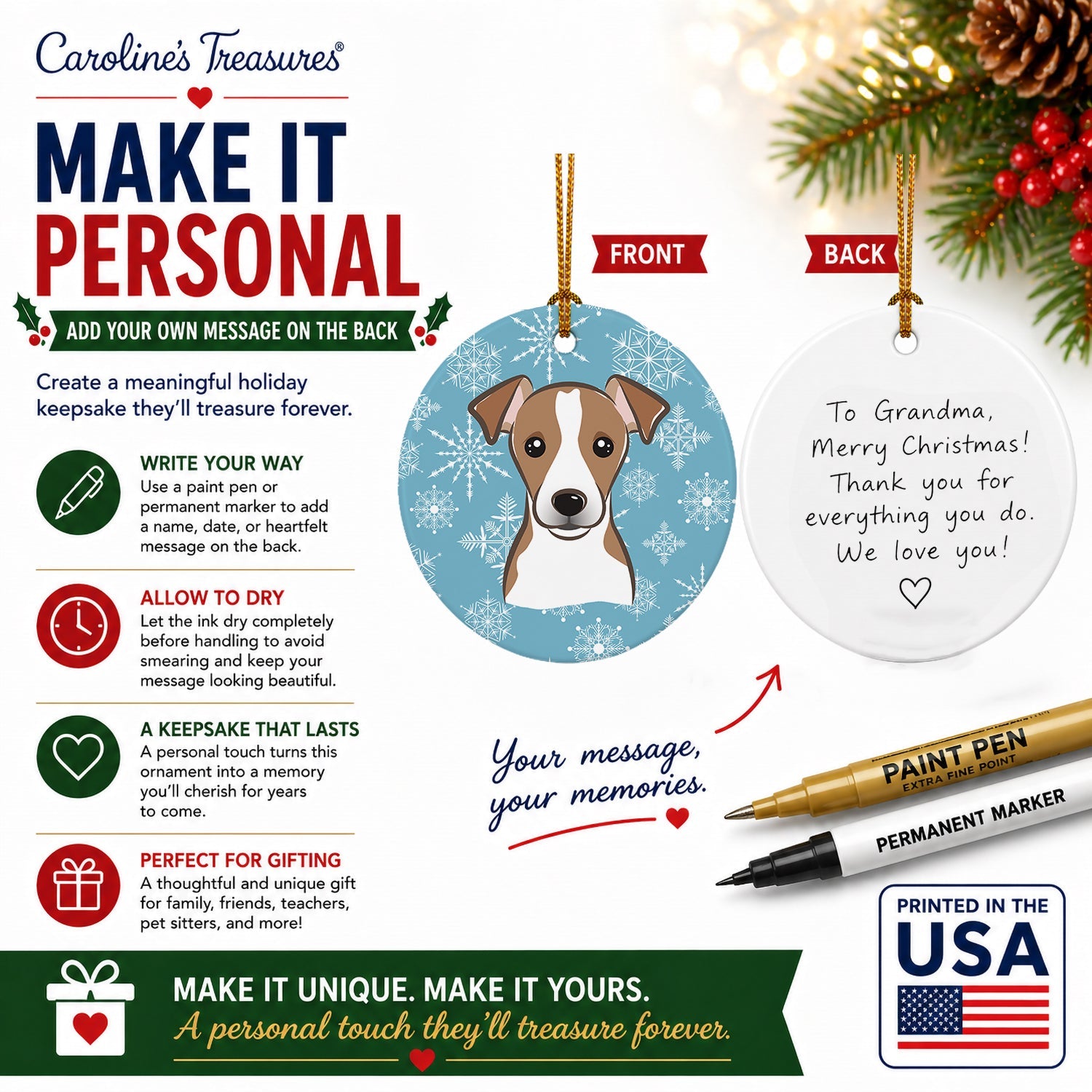Snowflake Jack Russell Terrier Ceramic Ornament Christmas Tree Hanging Decorations for Home Christmas Holiday, Party, Gift, 3 in, Multicolor