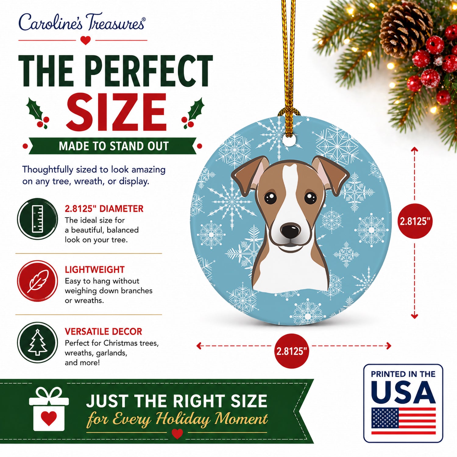 Snowflake Jack Russell Terrier Ceramic Ornament Christmas Tree Hanging Decorations for Home Christmas Holiday, Party, Gift, 3 in, Multicolor