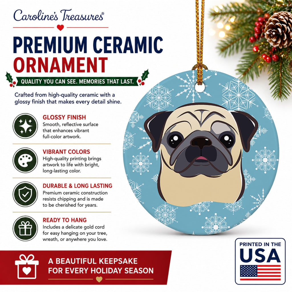 Snowflake Fawn Pug Ceramic Ornament Christmas Tree Hanging Decorations for Home Christmas Holiday, Party, Gift, 3 in, Multicolor