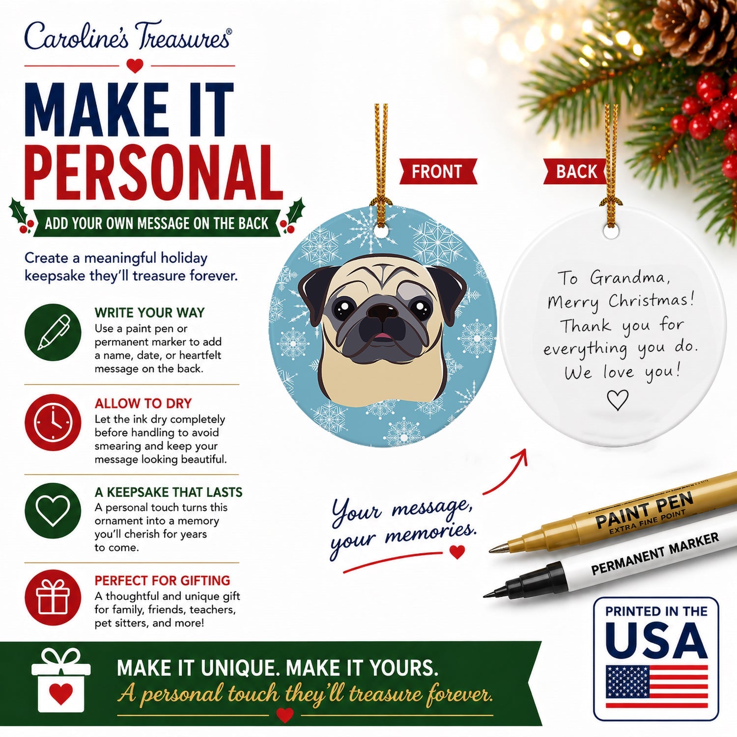 Snowflake Fawn Pug Ceramic Ornament Christmas Tree Hanging Decorations for Home Christmas Holiday, Party, Gift, 3 in, Multicolor