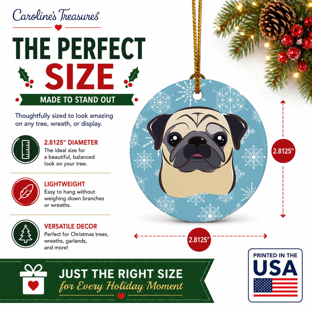 Snowflake Fawn Pug Ceramic Ornament Christmas Tree Hanging Decorations for Home Christmas Holiday, Party, Gift, 3 in, Multicolor