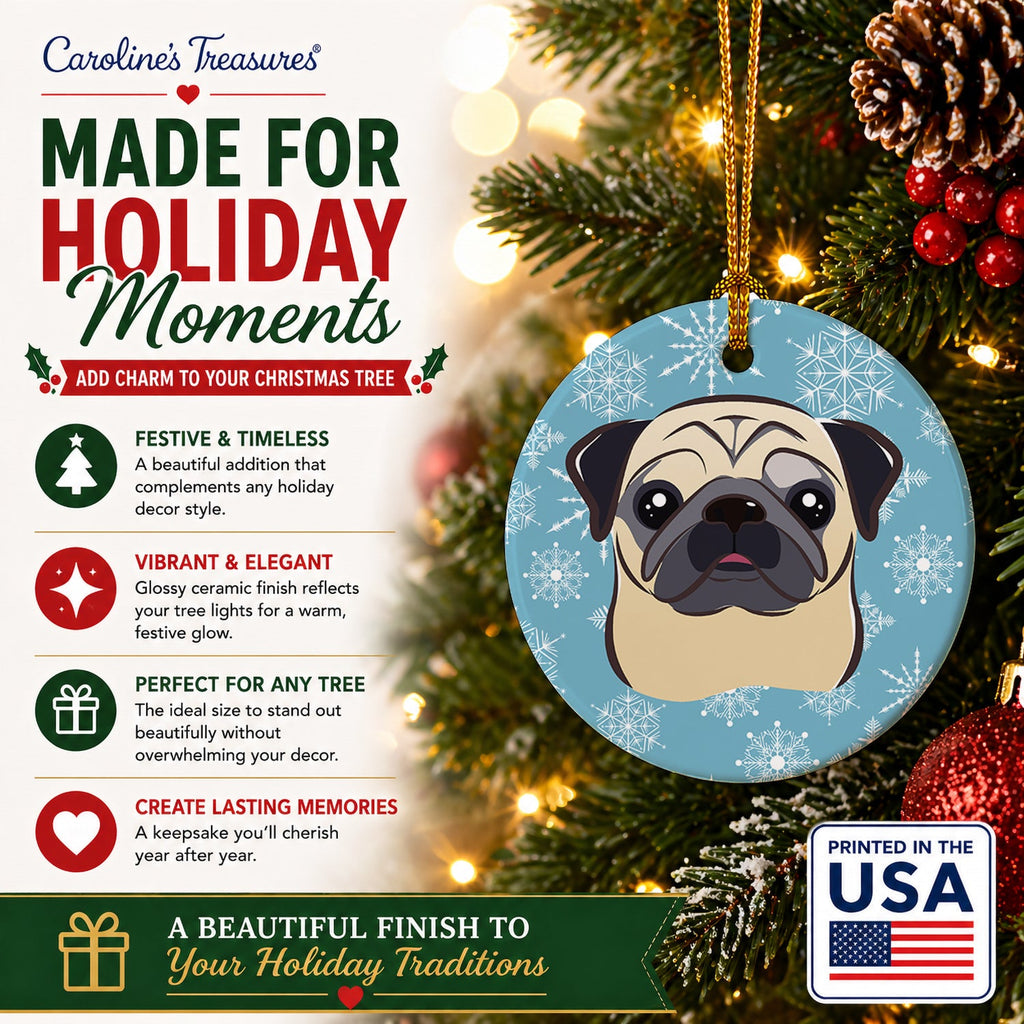 Snowflake Fawn Pug Ceramic Ornament Christmas Tree Hanging Decorations for Home Christmas Holiday, Party, Gift, 3 in, Multicolor
