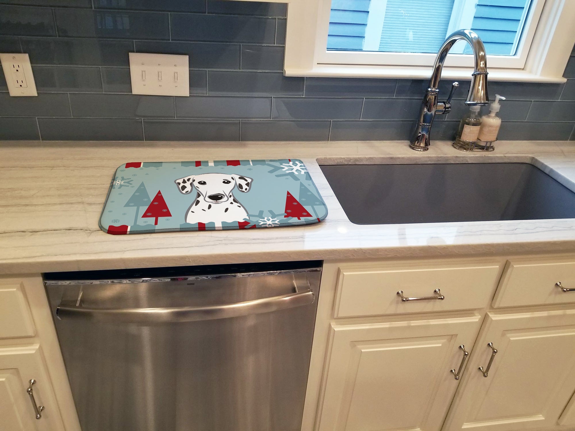 Winter Holiday Dalmatian Dish Drying Mat Absorbent Dish Drying Mat Pad for Kitchen Counter Dish Drainer Mat for Countertop, 14 x 21", Multicolor