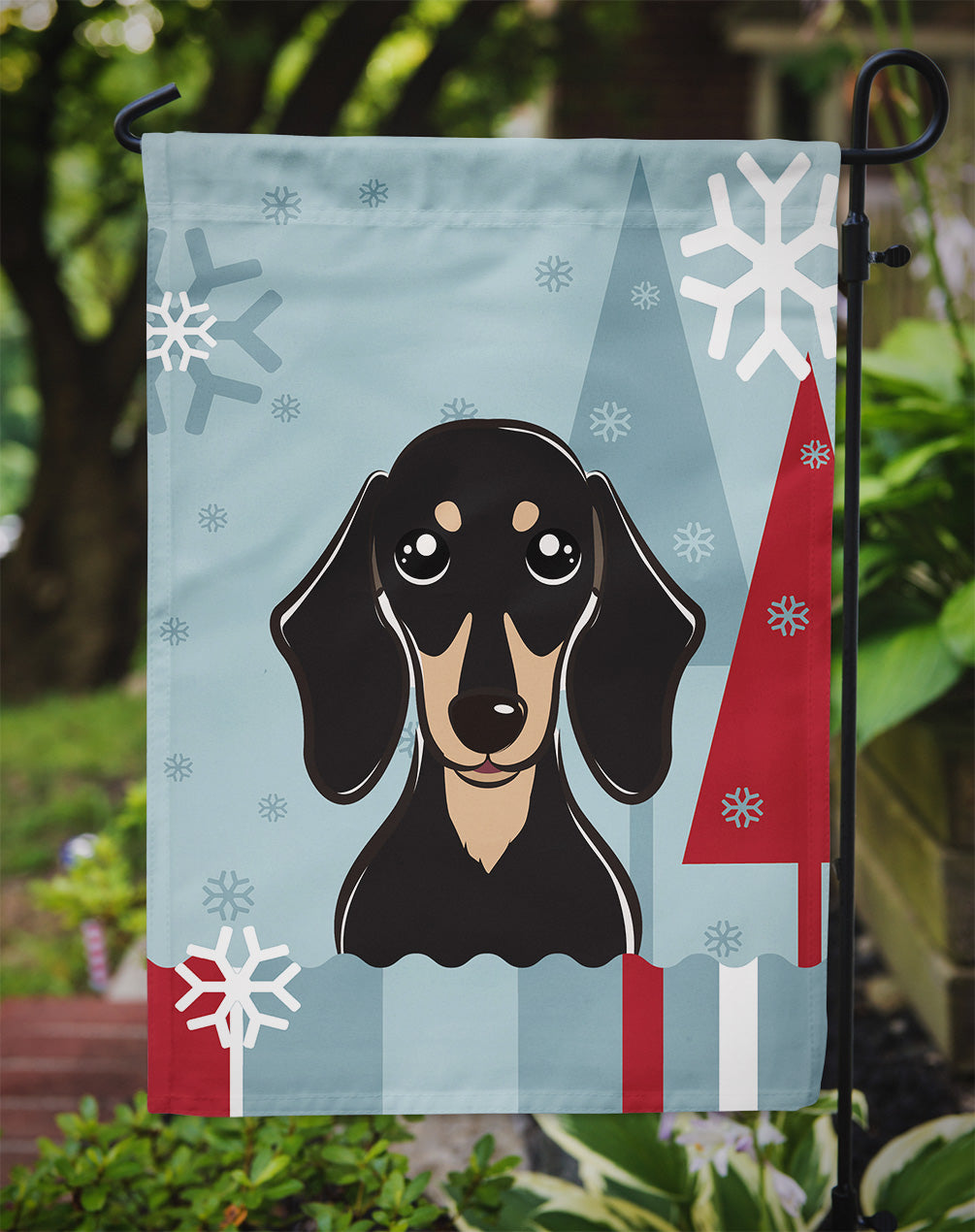 Winter Holiday Smooth Black and Tan Dachshund Garden Flag Mailbox Decorative Yard Banner Outside Patio Artwork for Flower Beds, Garden Size, Multicolor