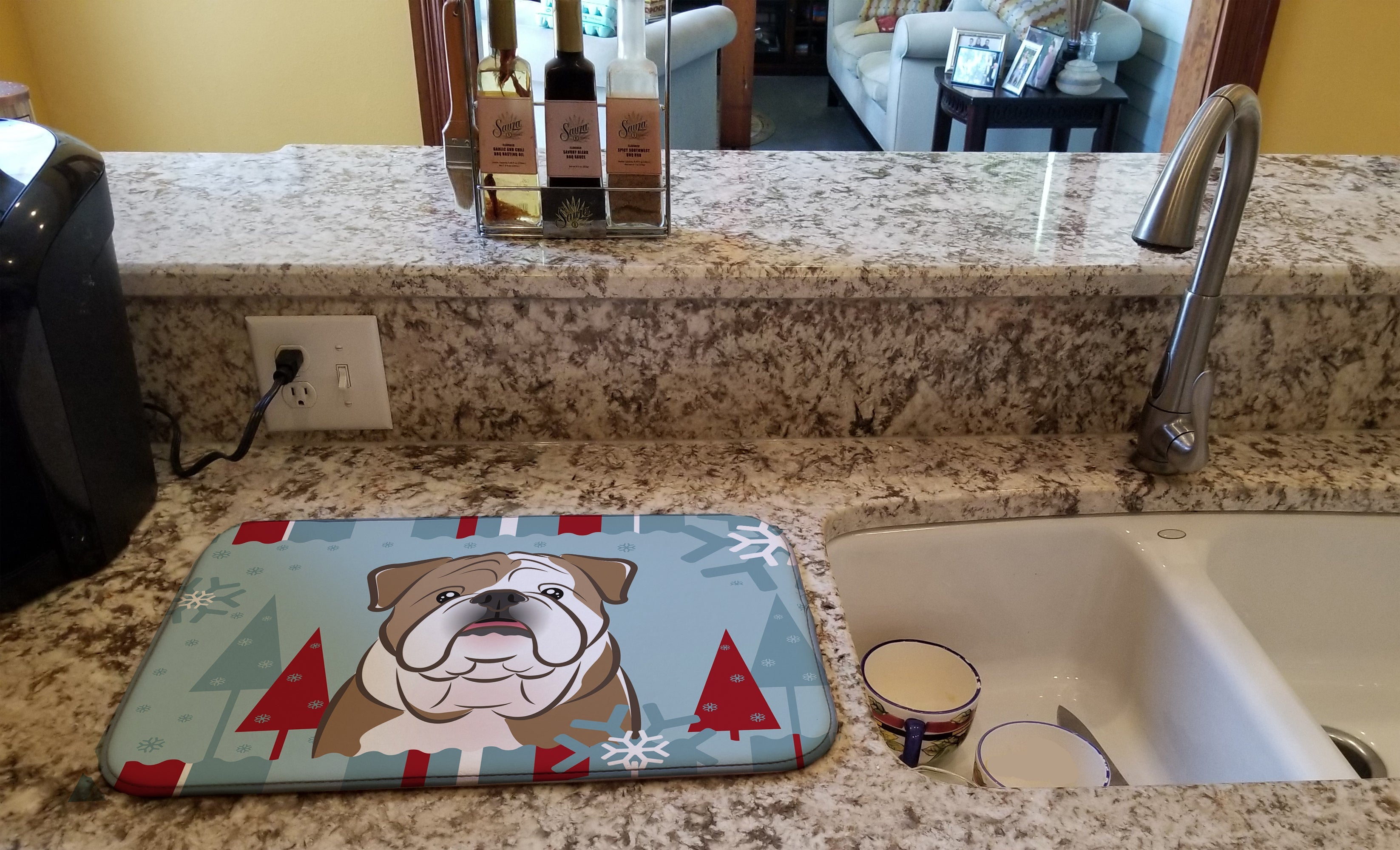 Winter Holiday English Bulldog Dish Drying Mat Absorbent Dish Drying Mat Pad for Kitchen Counter Dish Drainer Mat for Countertop, 14 x 21", Multicolor