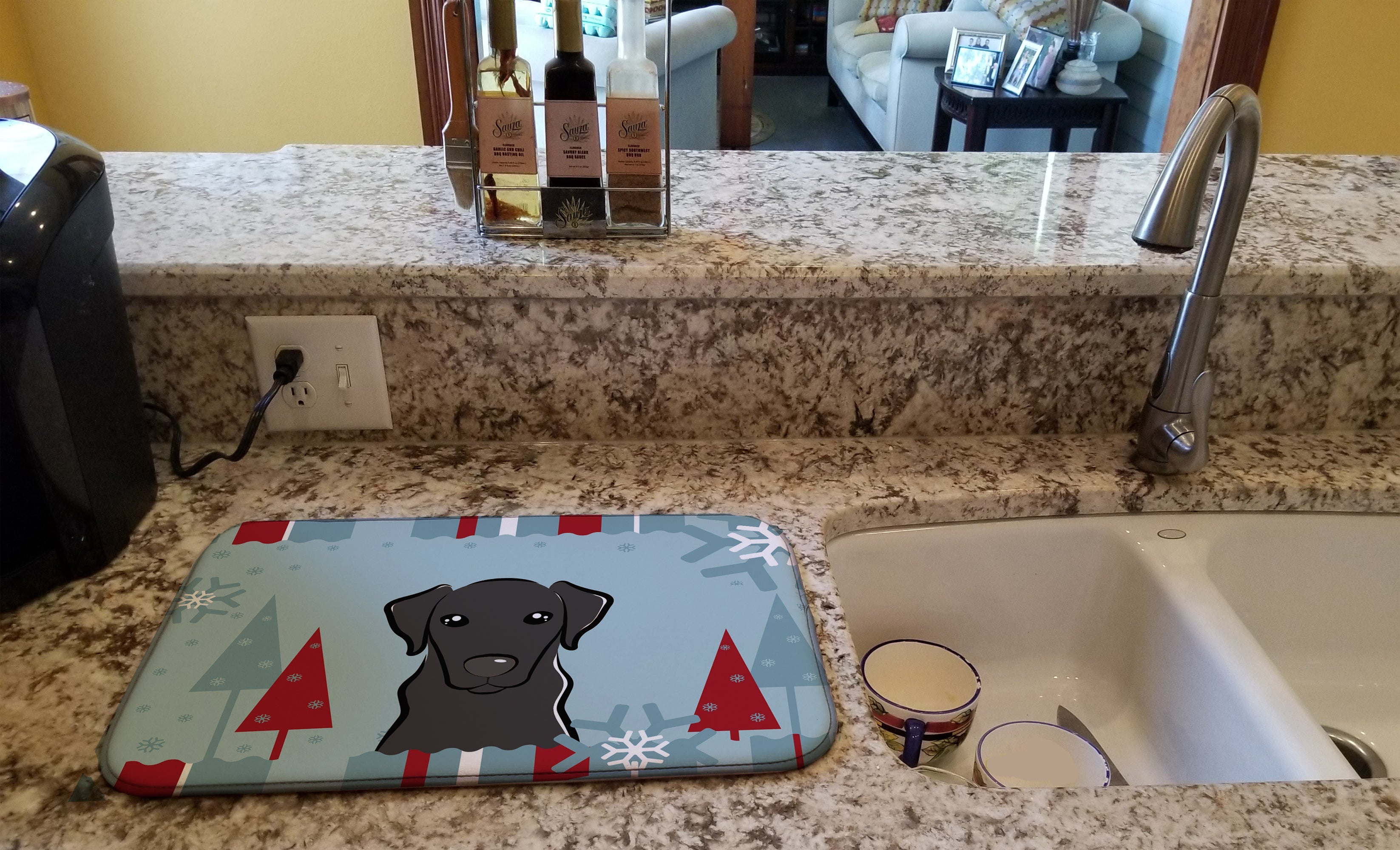 Winter Holiday Black Labrador Dish Drying Mat Absorbent Dish Drying Mat Pad for Kitchen Counter Dish Drainer Mat for Countertop, 14 x 21", Multicolor