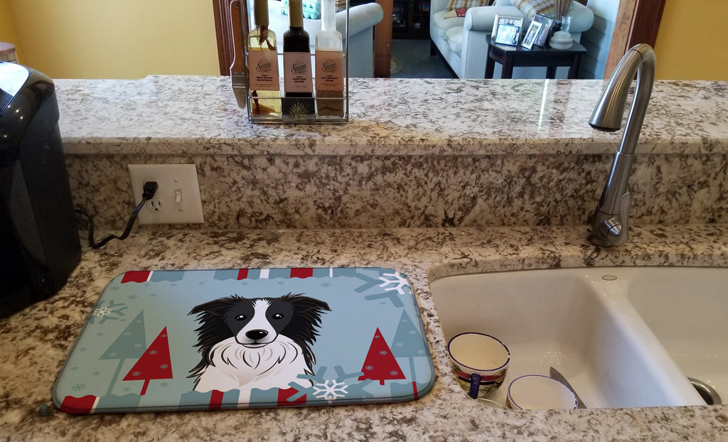 Winter Holiday Border Collie Dish Drying Mat Absorbent Dish Drying Mat Pad for Kitchen Counter Dish Drainer Mat for Countertop, 14 x 21", Multicolor