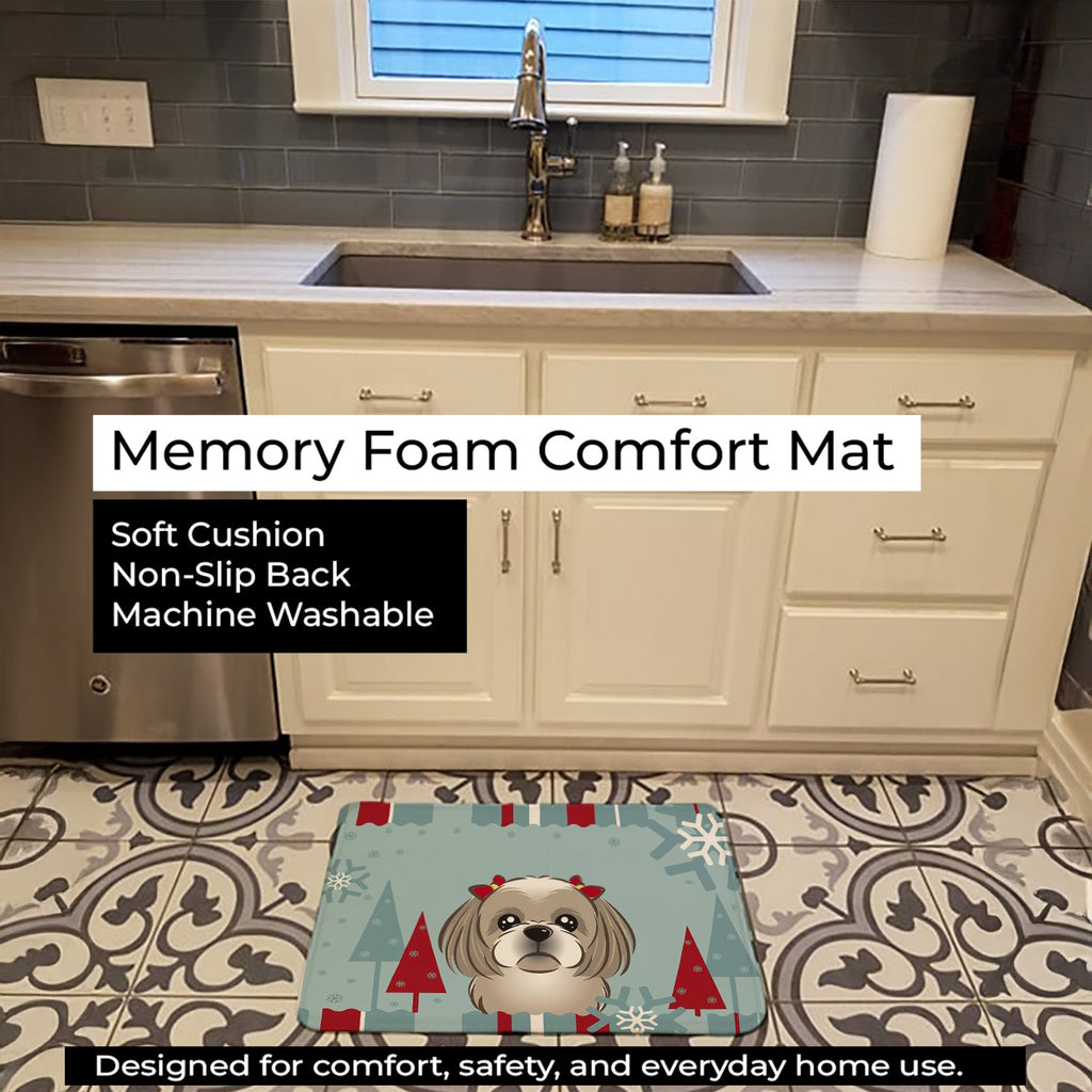 Winter Holiday Gray Silver Shih Tzu Memory Foam Kitchen Mat Machine Washable Anti-Fatigue Cushion Comfort Bath or Kitchen Rug