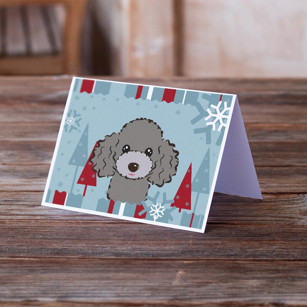 Winter Holiday Silver Gray Poodle Greeting Cards Pack of 8 Blank Cards with Envelopes Whimsical A7 Size 5x7