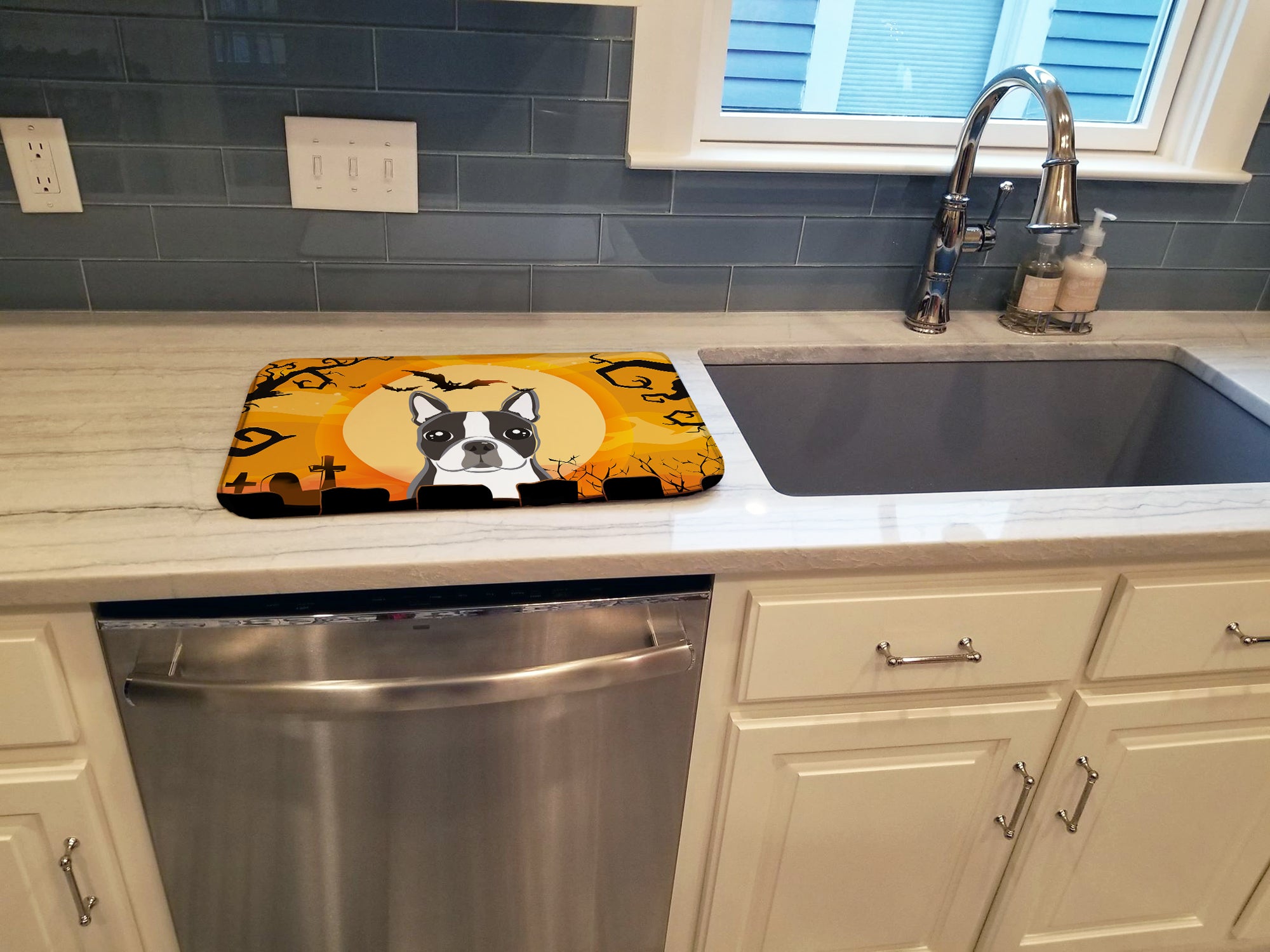 Halloween Boston Terrier Dish Drying Mat Absorbent Dish Drying Mat Pad for Kitchen Counter Dish Drainer Mat for Countertop, 14 x 21", Multicolor