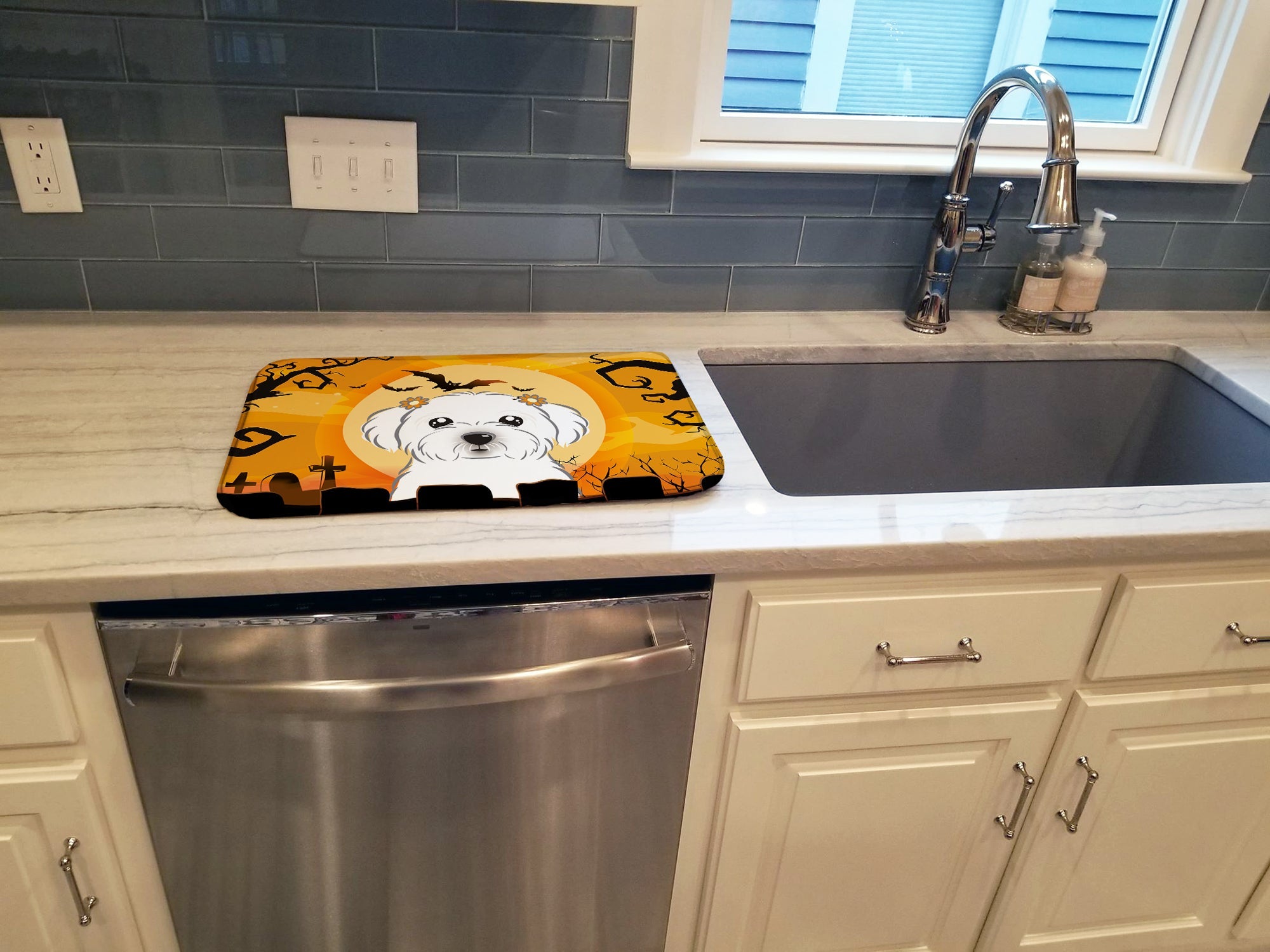 Halloween Maltese Dish Drying Mat Absorbent Dish Drying Mat Pad for Kitchen Counter Dish Drainer Mat for Countertop, 14 x 21", Multicolor