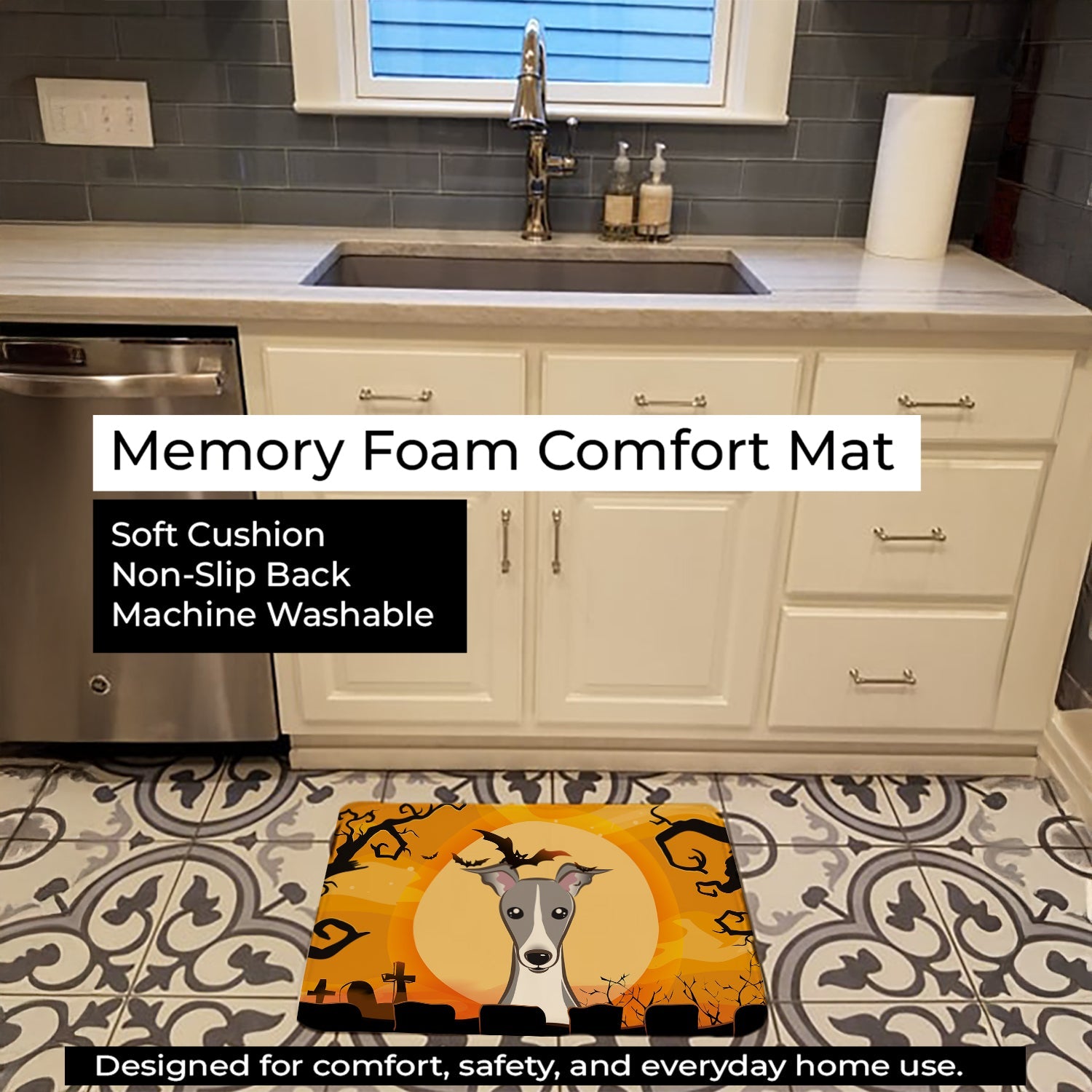 Halloween Italian Greyhound Memory Foam Kitchen Mat Machine Washable Anti-Fatigue Cushion Comfort Bath or Kitchen Rug