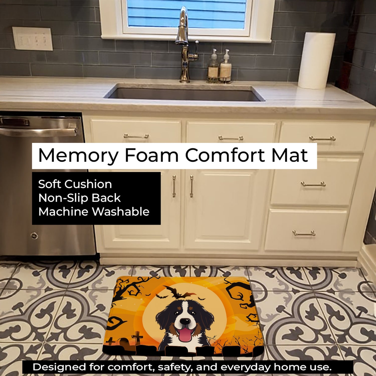Halloween Bernese Mountain Dog Memory Foam Kitchen Mat Machine Washable Anti-Fatigue Cushion Comfort Bath or Kitchen Rug