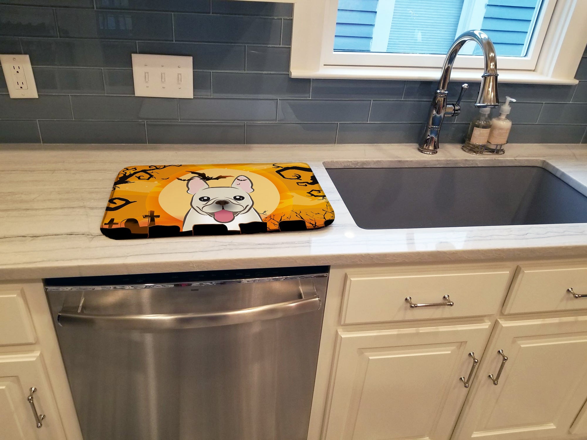 Halloween French Bulldog Dish Drying Mat Absorbent Dish Drying Mat Pad for Kitchen Counter Dish Drainer Mat for Countertop, 14 x 21", Multicolor
