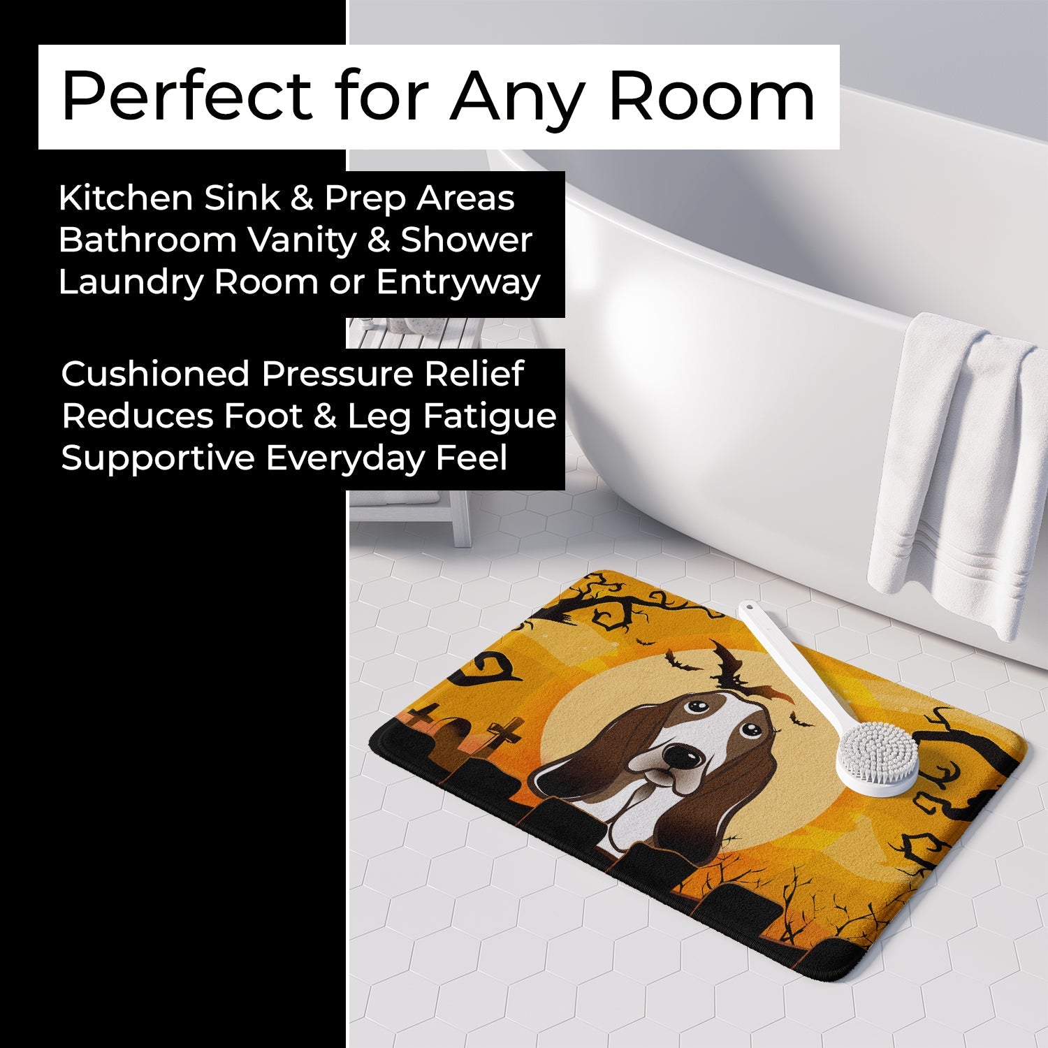 Halloween Basset Hound Memory Foam Kitchen Mat Machine Washable Anti-Fatigue Cushion Comfort Bath or Kitchen Rug