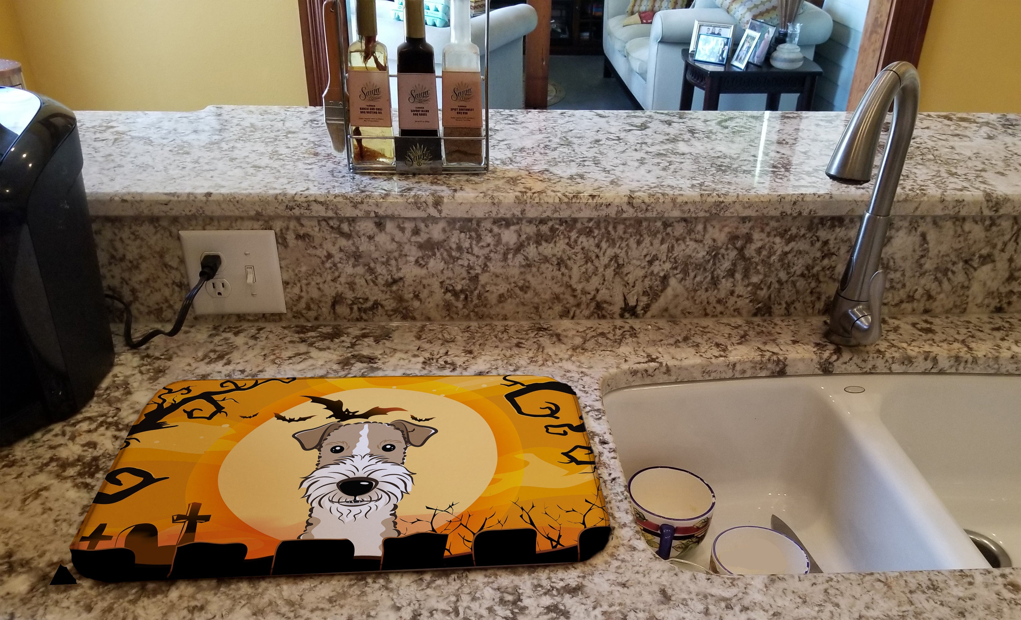 Halloween Wire Haired Fox Terrier Dish Drying Mat Absorbent Dish Drying Mat Pad for Kitchen Counter Dish Drainer Mat for Countertop, 14 x 21", Multicolor
