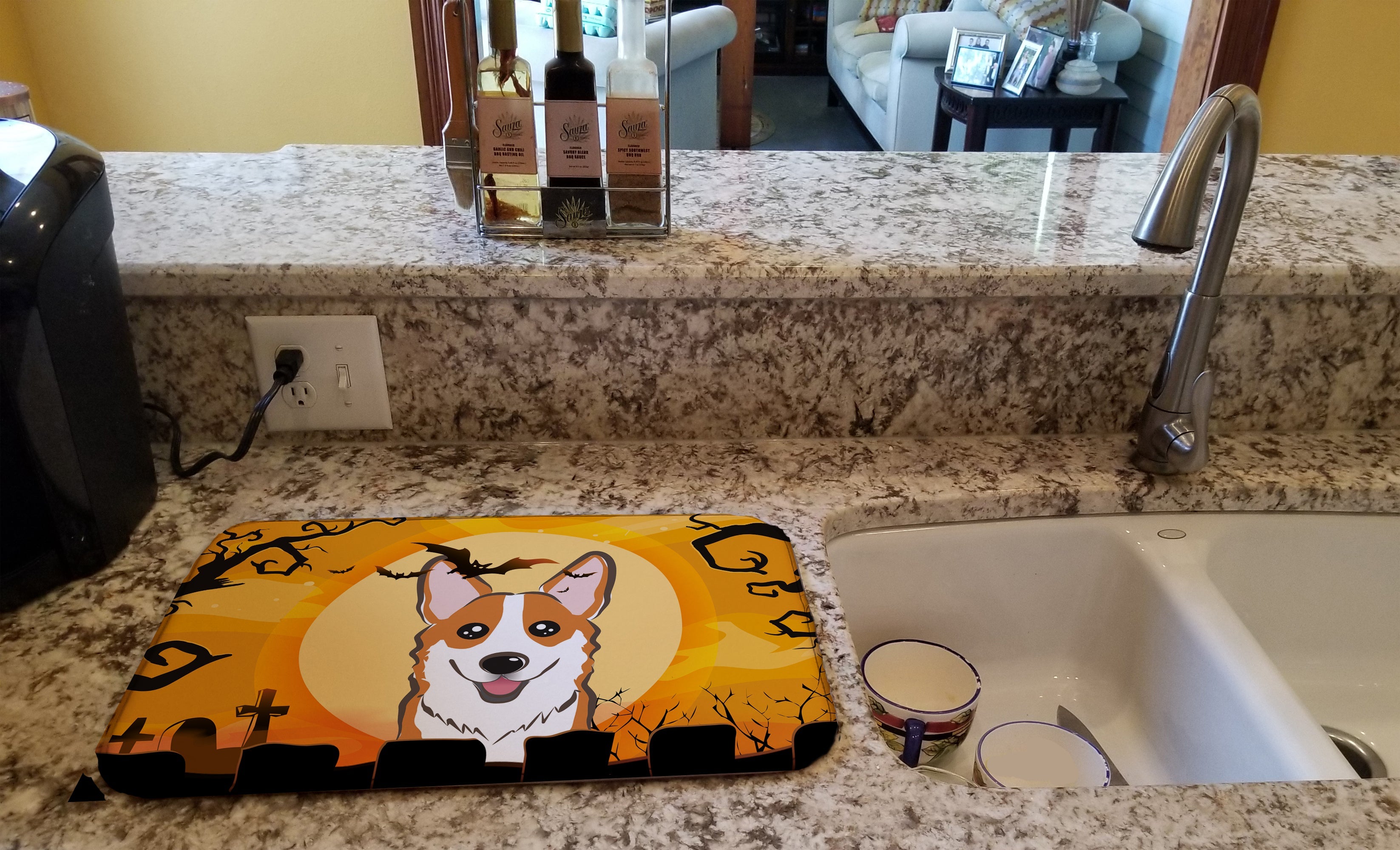 Halloween Red Corgi Dish Drying Mat Absorbent Dish Drying Mat Pad for Kitchen Counter Dish Drainer Mat for Countertop, 14 x 21", Multicolor