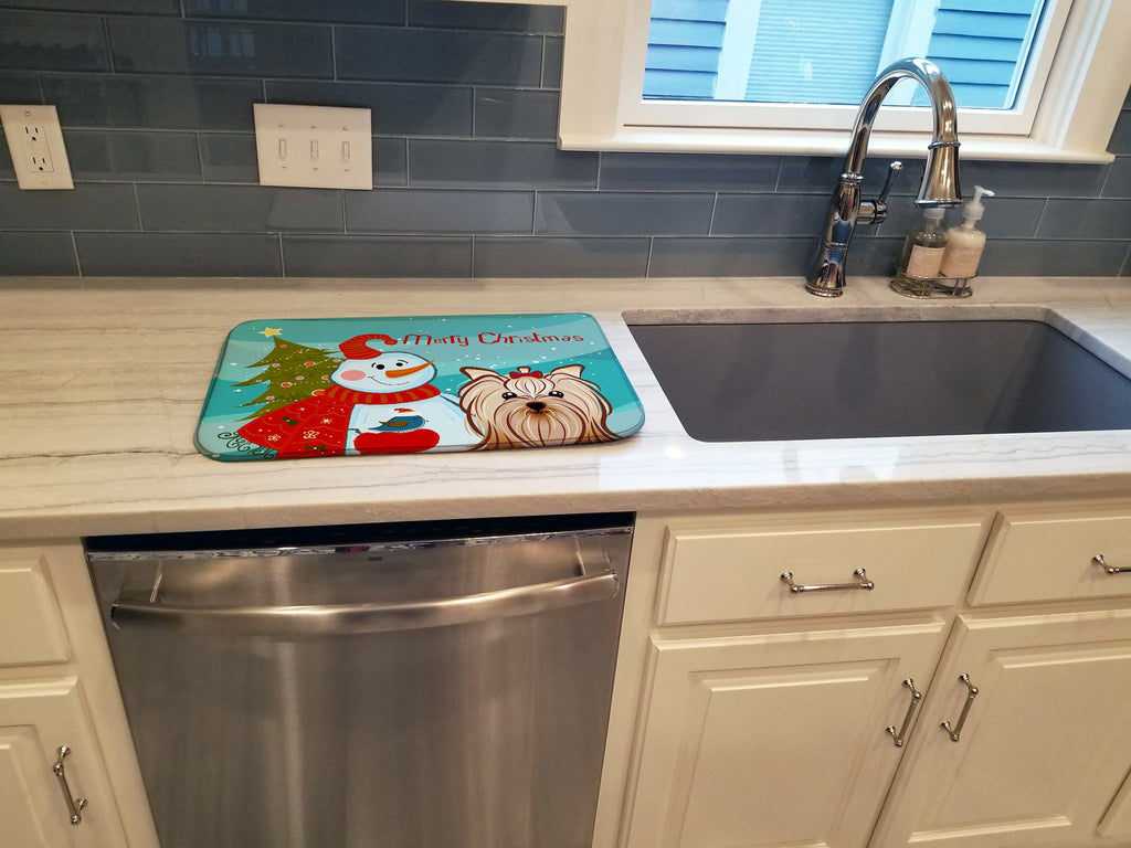 Snowman with Yorkie Yorkishire Terrier Dish Drying Mat Absorbent Dish Drying Mat Pad for Kitchen Counter Dish Drainer Mat for Countertop, 14 x 21", Multicolor