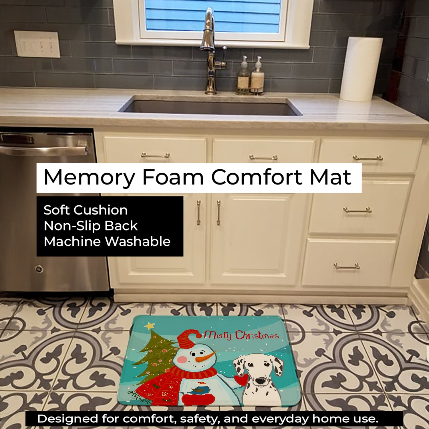 Snowman with Dalmatian Memory Foam Kitchen Mat Machine Washable Anti-Fatigue Cushion Comfort Bath or Kitchen Rug