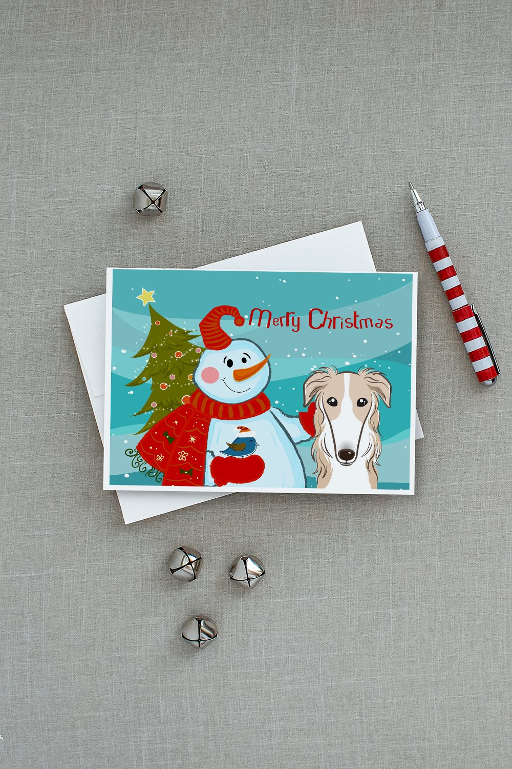 Snowman with Borzoi Greeting Cards Pack of 8 Blank Cards with Envelopes Whimsical A7 Size 5x7