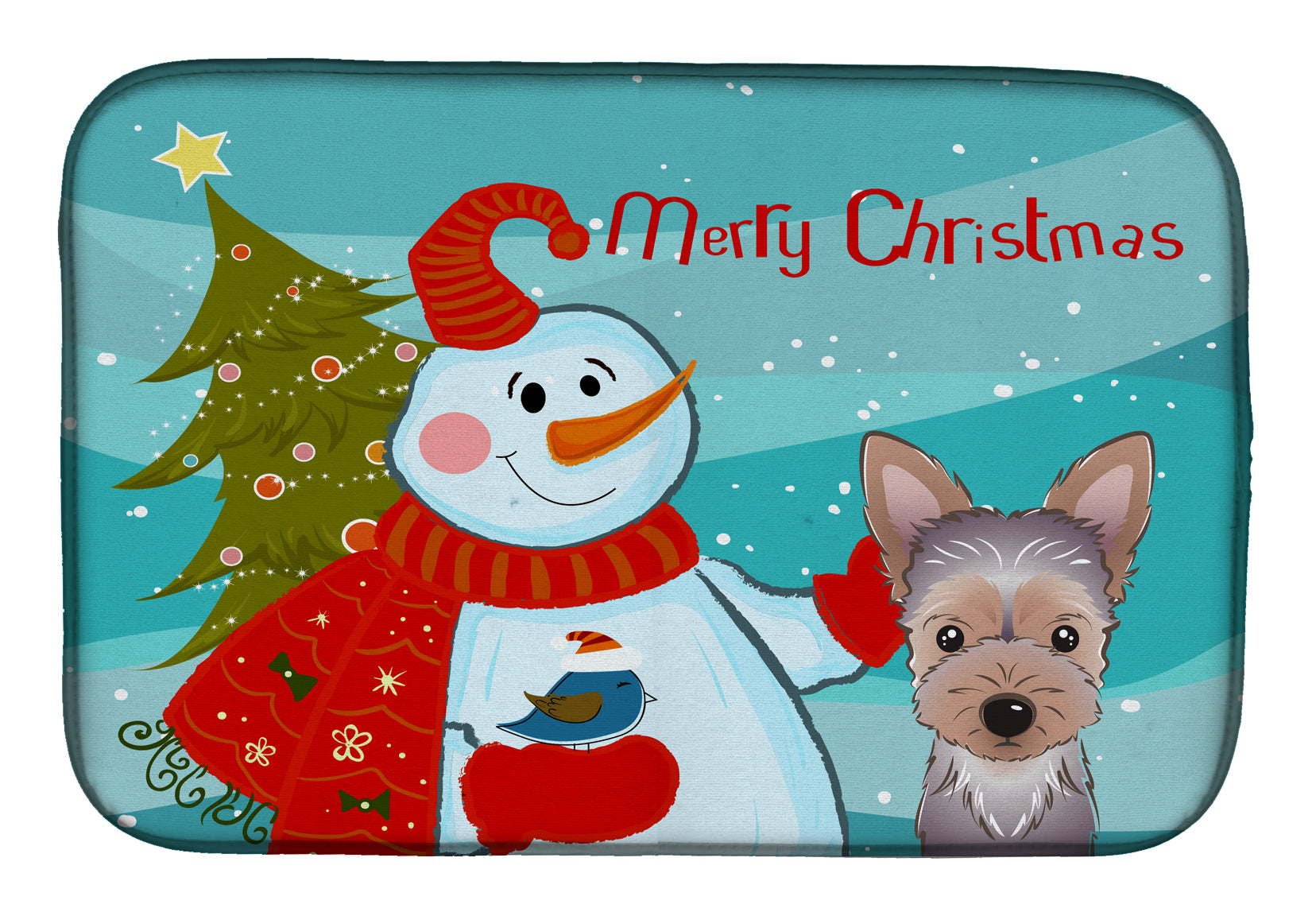 Snowman with Yorkie Puppy Dish Drying Mat Absorbent Dish Drying Mat Pad for Kitchen Counter Dish Drainer Mat for Countertop, 14 x 21", Multicolor