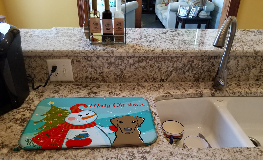 Snowman with Chocolate Labrador Dish Drying Mat Absorbent Dish Drying Mat Pad for Kitchen Counter Dish Drainer Mat for Countertop, 14 x 21", Multicolor