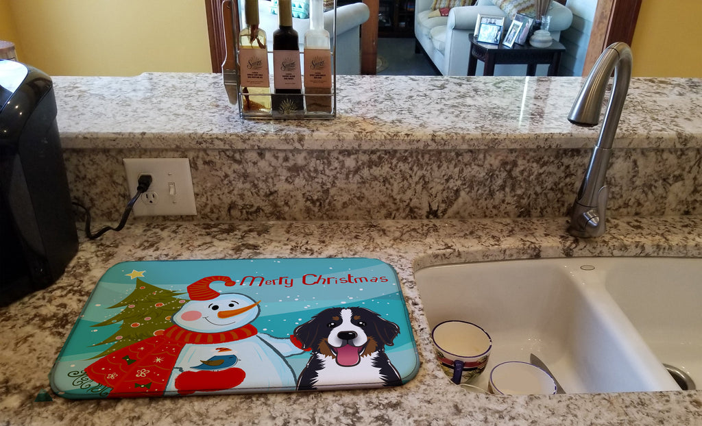 Snowman with Bernese Mountain Dog Dish Drying Mat Absorbent Dish Drying Mat Pad for Kitchen Counter Dish Drainer Mat for Countertop, 14 x 21", Multicolor