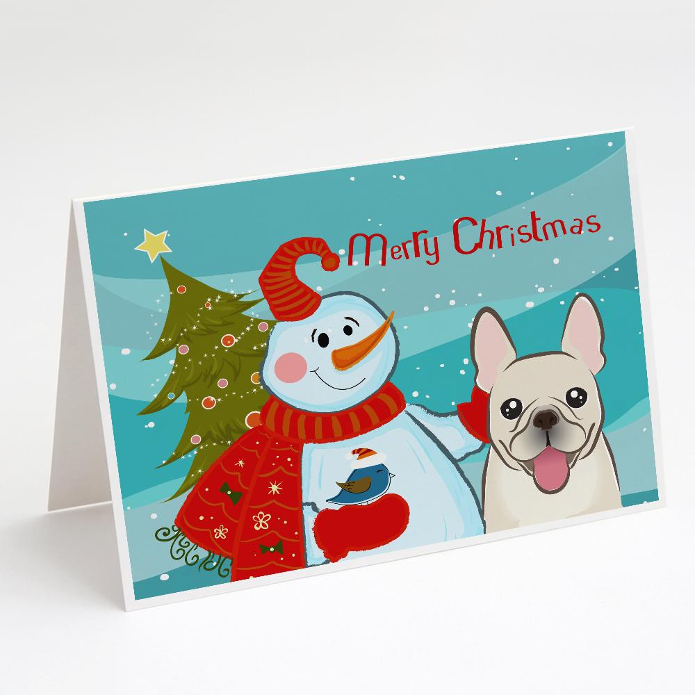 Snowman with French Bulldog Greeting Cards Pack of 8 Blank Cards with Envelopes Whimsical A7 Size 5x7