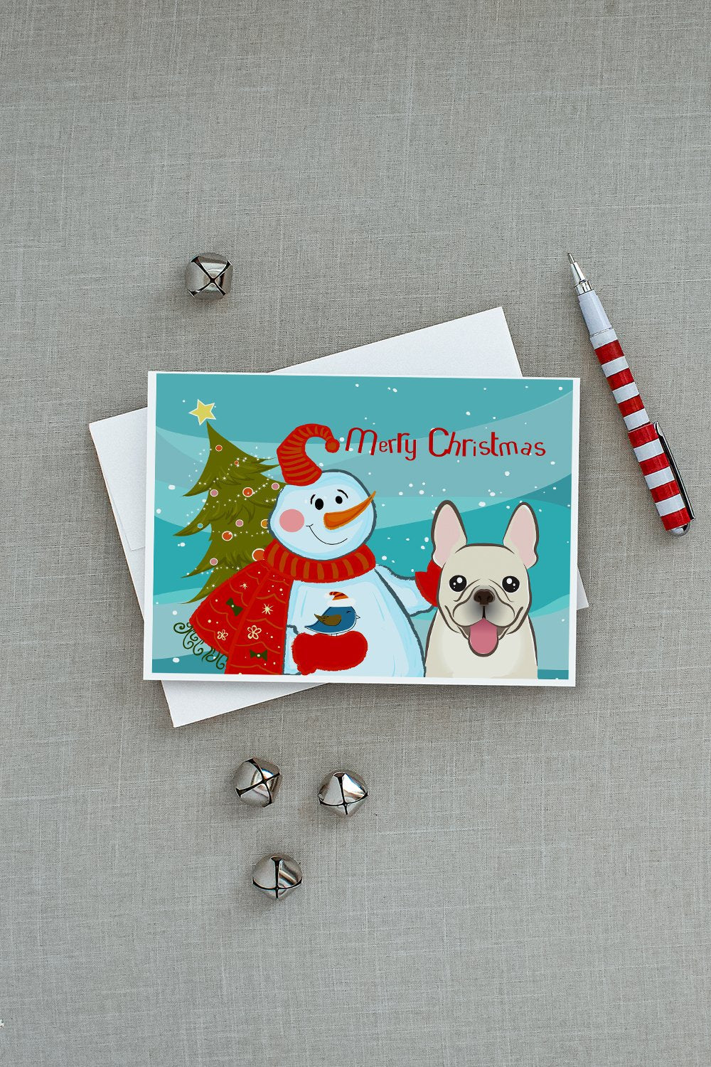 Snowman with French Bulldog Greeting Cards Pack of 8 Blank Cards with Envelopes Whimsical A7 Size 5x7