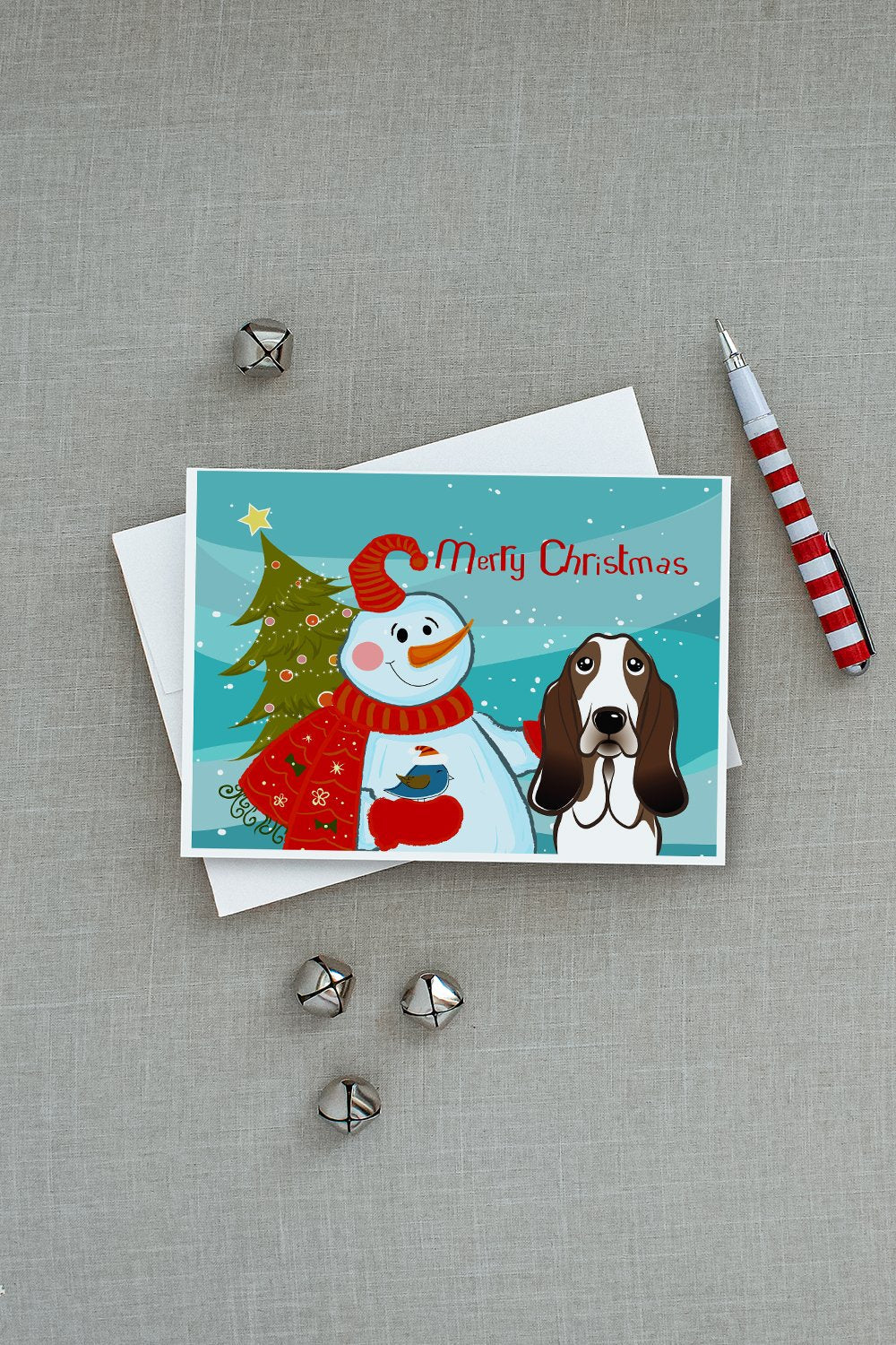Snowman with Basset Hound Greeting Cards Pack of 8 Blank Cards with Envelopes Whimsical A7 Size 5x7