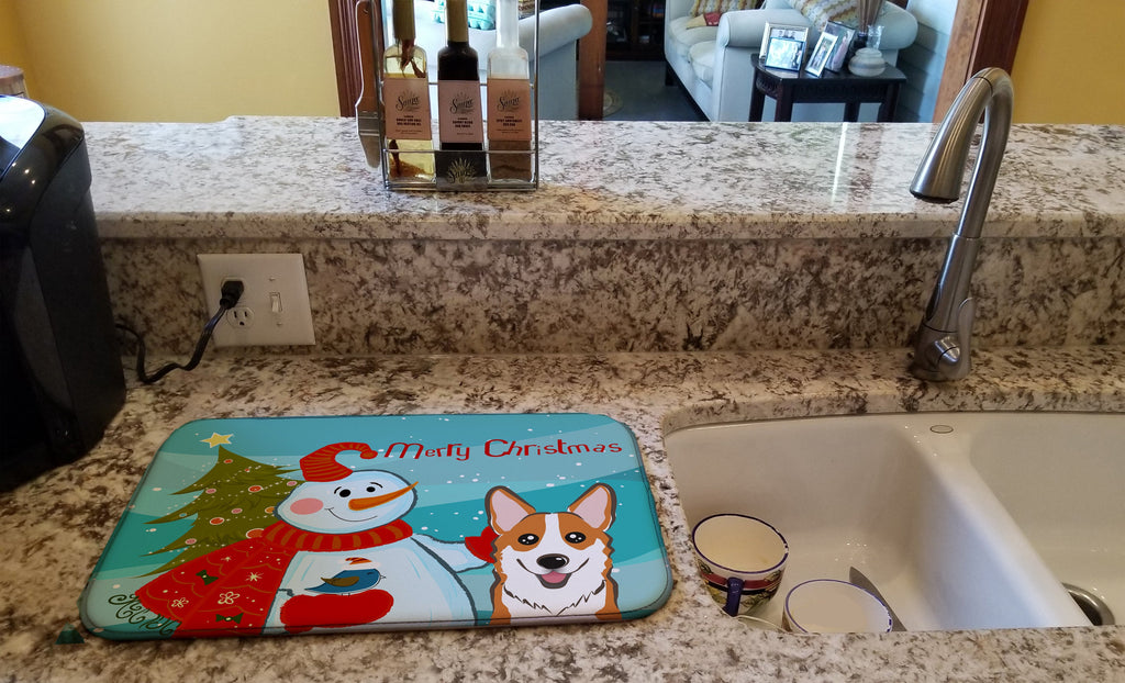 Snowman with Red Corgi Dish Drying Mat Absorbent Dish Drying Mat Pad for Kitchen Counter Dish Drainer Mat for Countertop, 14 x 21", Multicolor