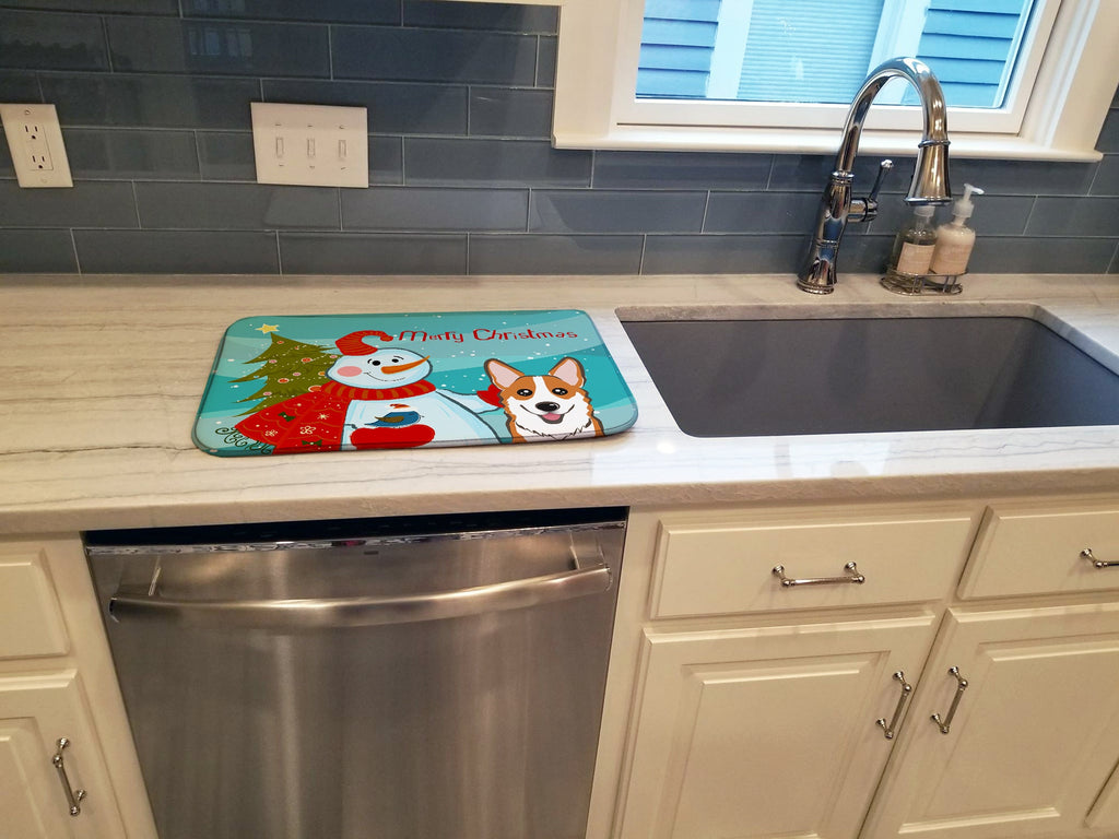 Snowman with Red Corgi Dish Drying Mat Absorbent Dish Drying Mat Pad for Kitchen Counter Dish Drainer Mat for Countertop, 14 x 21", Multicolor