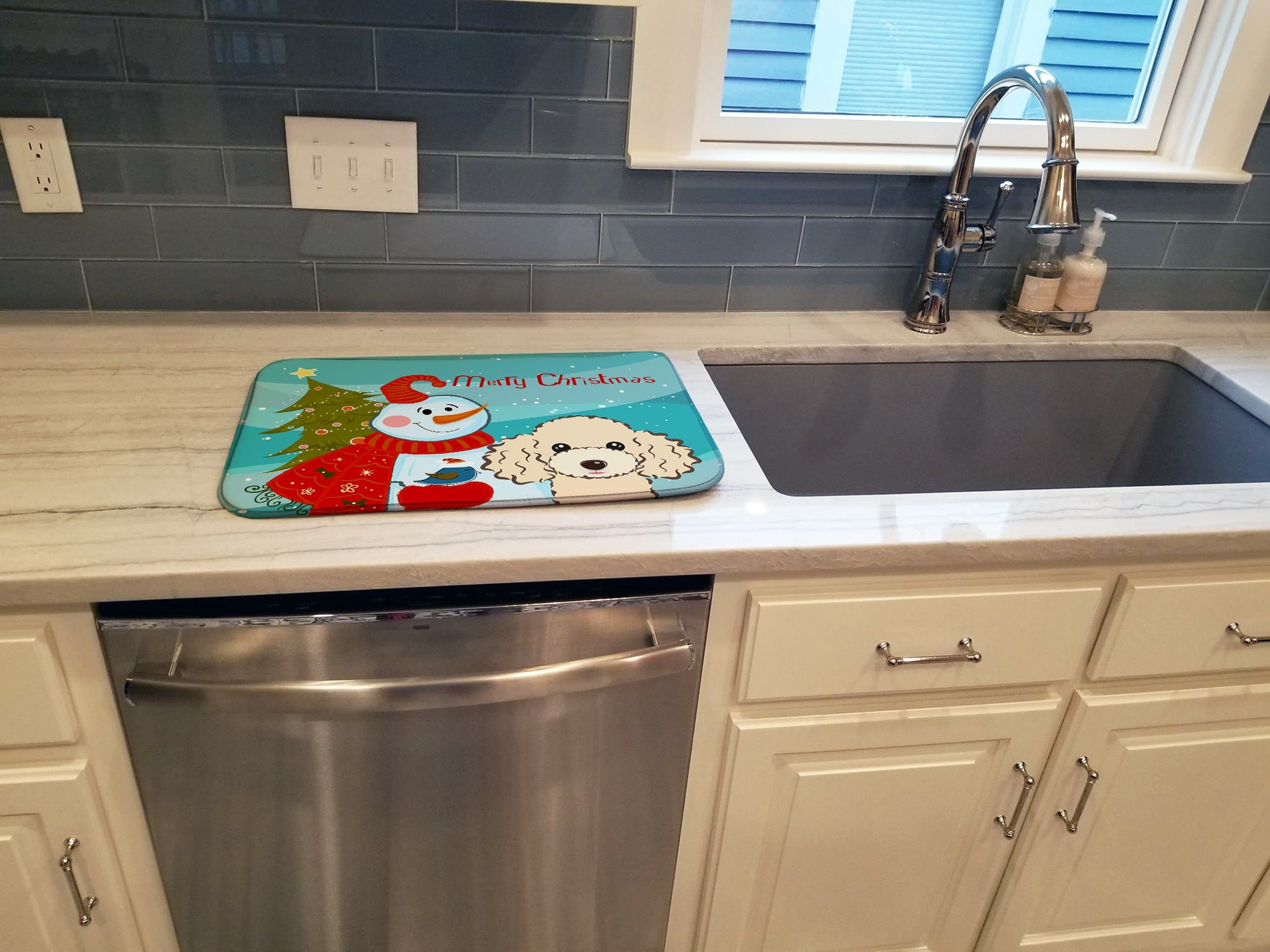 Snowman with Buff Poodle Dish Drying Mat Absorbent Dish Drying Mat Pad for Kitchen Counter Dish Drainer Mat for Countertop, 14 x 21", Multicolor