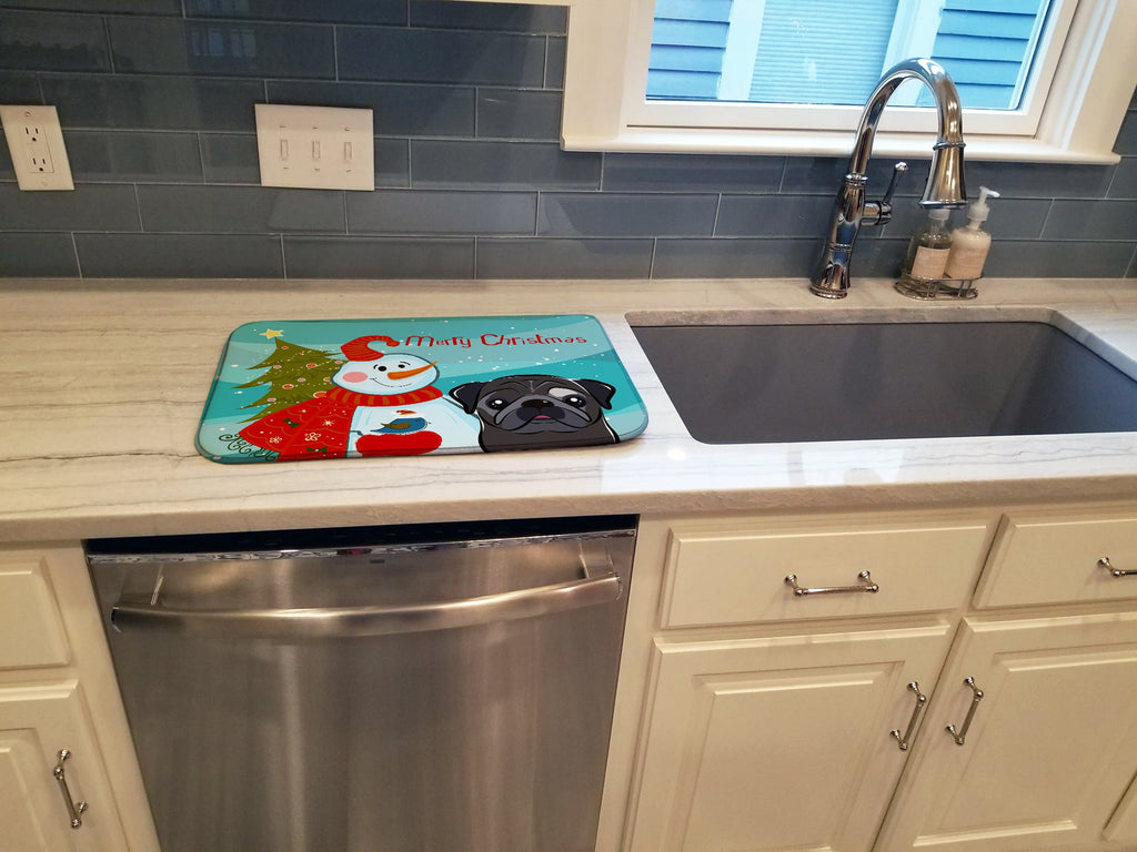 Snowman with Black Pug Dish Drying Mat Absorbent Dish Drying Mat Pad for Kitchen Counter Dish Drainer Mat for Countertop, 14 x 21", Multicolor