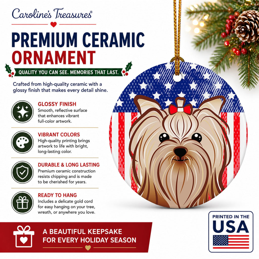 American Flag and Yorkie Yorkishire Terrier Ceramic Ornament Christmas Tree Hanging Decorations for Home Christmas Holiday, Party, Gift, 3 in, Multicolor