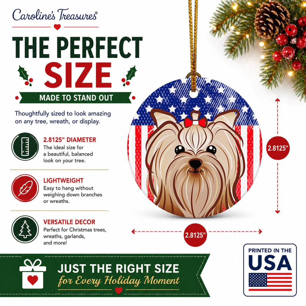 American Flag and Yorkie Yorkishire Terrier Ceramic Ornament Christmas Tree Hanging Decorations for Home Christmas Holiday, Party, Gift, 3 in, Multicolor