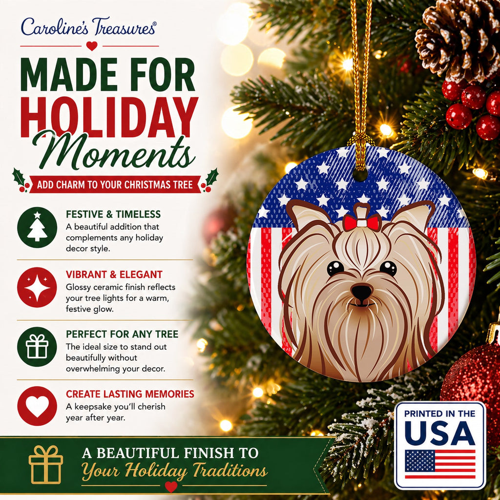 American Flag and Yorkie Yorkishire Terrier Ceramic Ornament Christmas Tree Hanging Decorations for Home Christmas Holiday, Party, Gift, 3 in, Multicolor