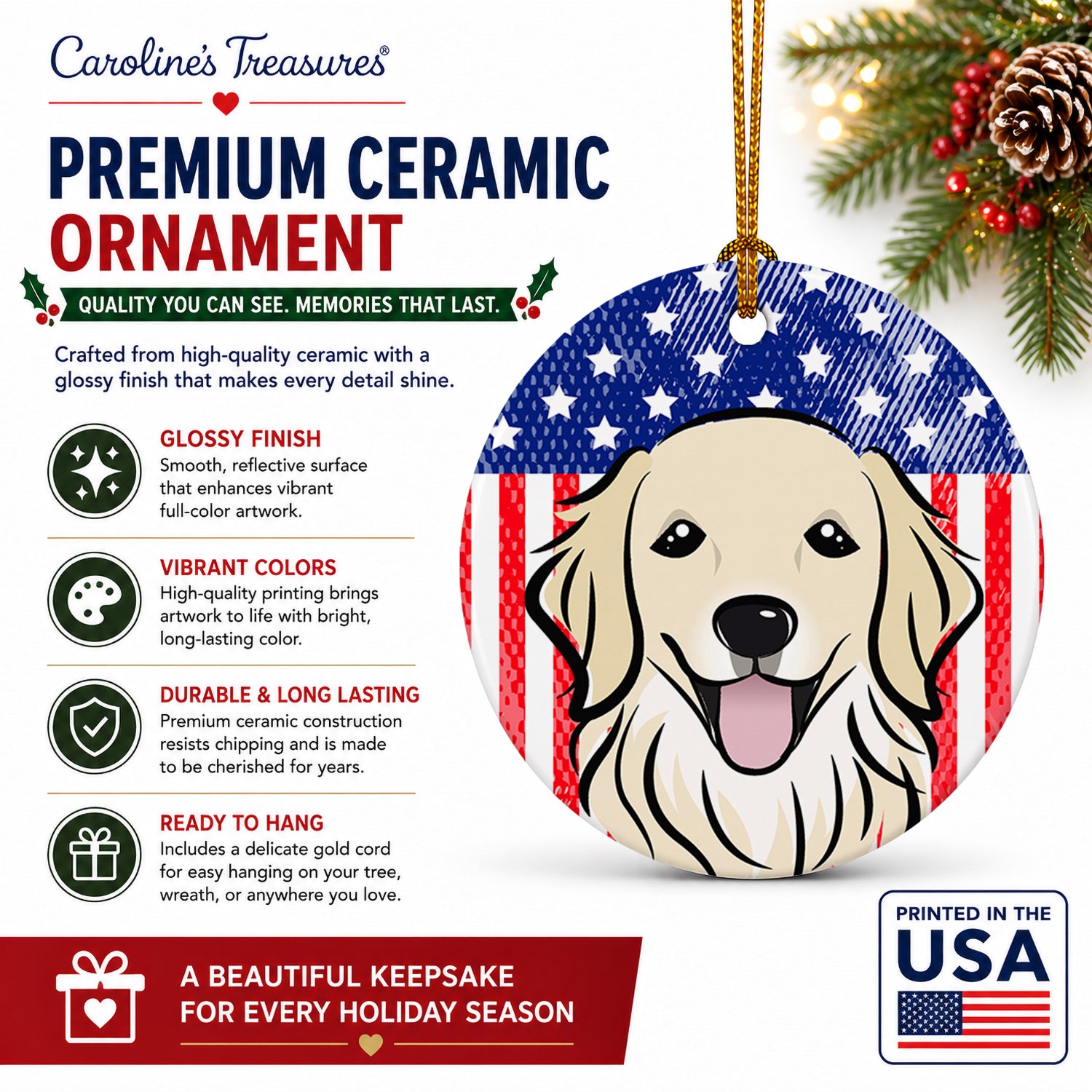 American Flag and Golden Retriever Ceramic Ornament Christmas Tree Hanging Decorations for Home Christmas Holiday, Party, Gift, 3 in, Multicolor