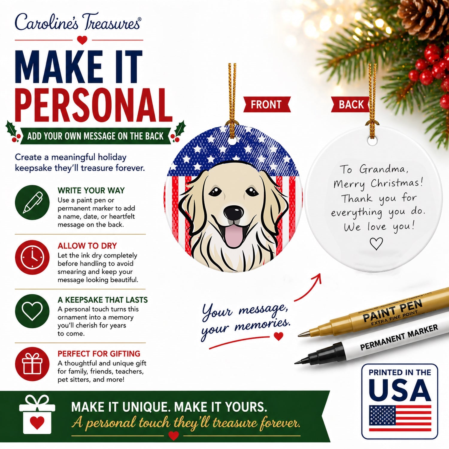 American Flag and Golden Retriever Ceramic Ornament Christmas Tree Hanging Decorations for Home Christmas Holiday, Party, Gift, 3 in, Multicolor