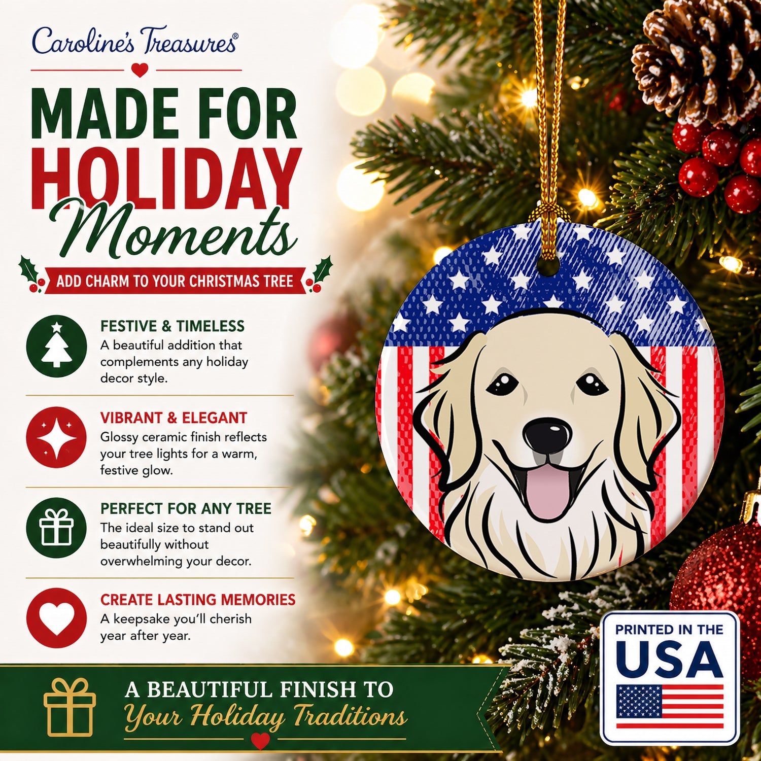 American Flag and Golden Retriever Ceramic Ornament Christmas Tree Hanging Decorations for Home Christmas Holiday, Party, Gift, 3 in, Multicolor