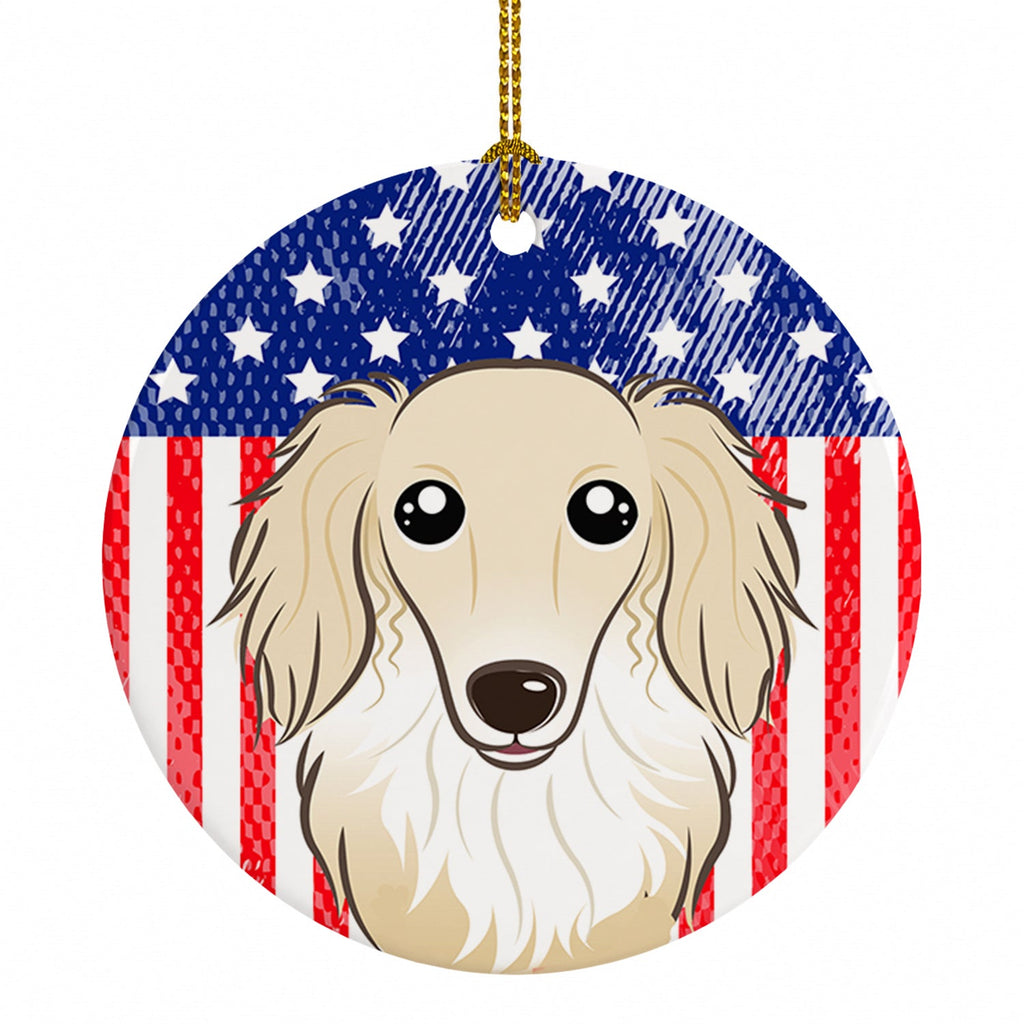 American Flag and Longhair Creme Dachshund Ceramic Ornament Christmas Tree Hanging Decorations for Home Christmas Holiday, Party, Gift, 3 in, Multicolor