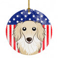 American Flag and Longhair Creme Dachshund Ceramic Ornament Christmas Tree Hanging Decorations for Home Christmas Holiday, Party, Gift, 3 in, Multicolor