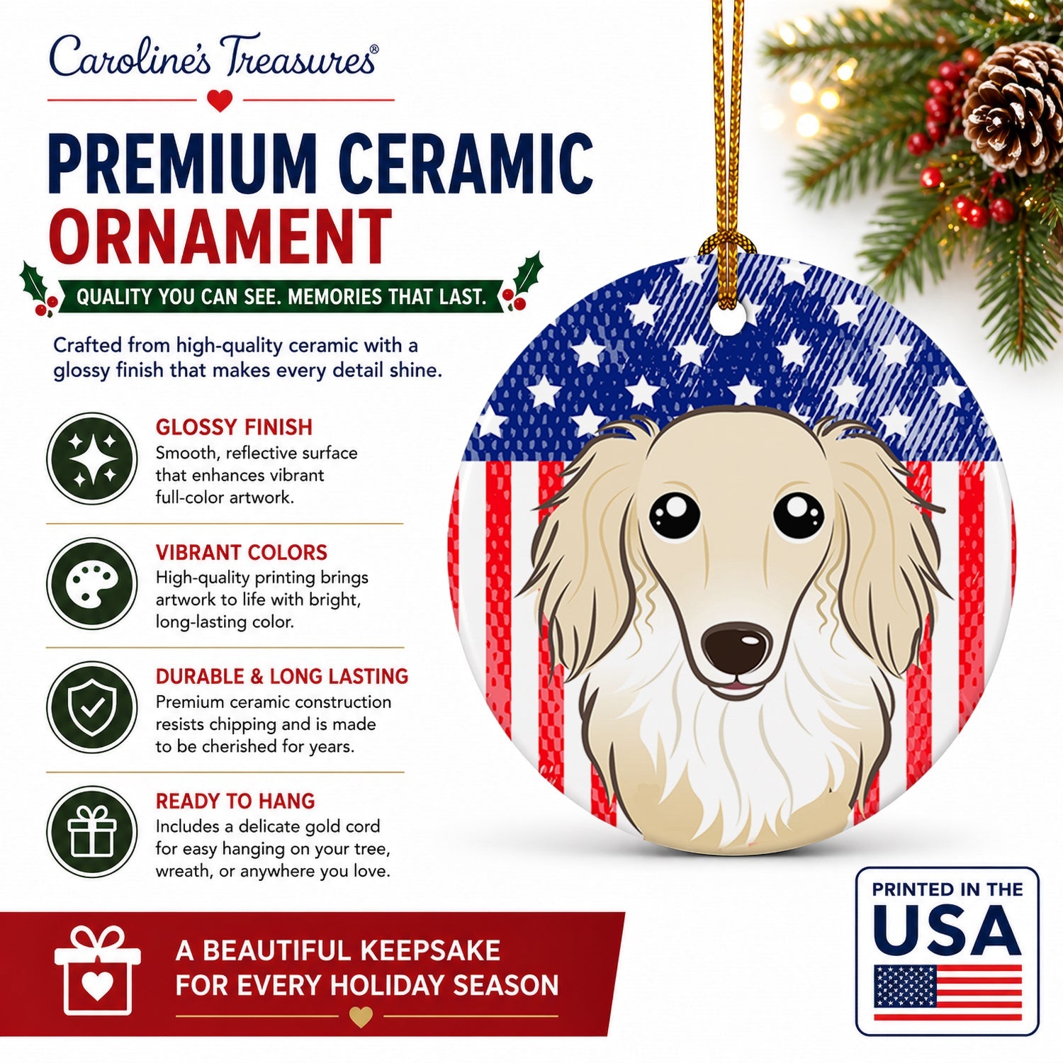 American Flag and Longhair Creme Dachshund Ceramic Ornament Christmas Tree Hanging Decorations for Home Christmas Holiday, Party, Gift, 3 in, Multicolor