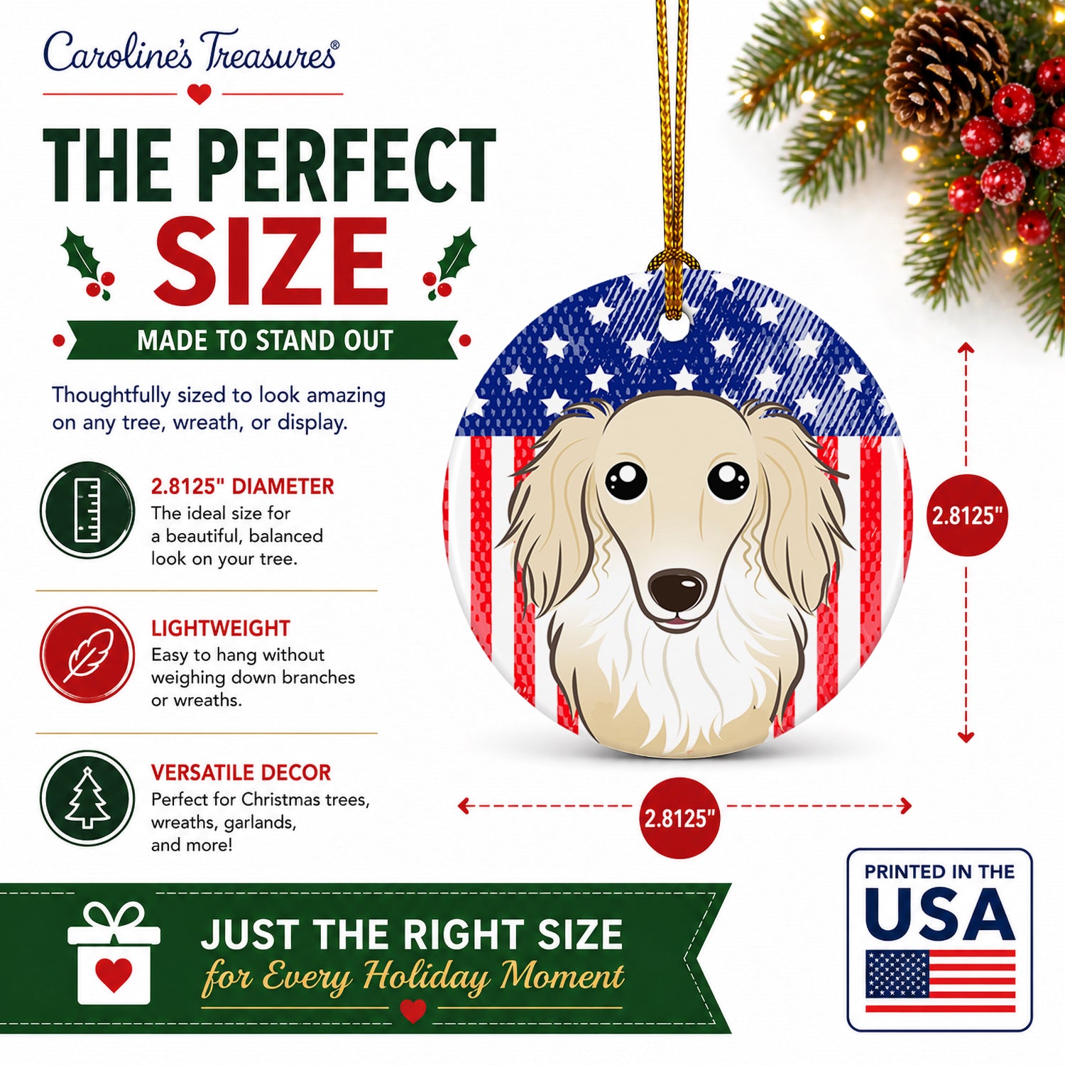 American Flag and Longhair Creme Dachshund Ceramic Ornament Christmas Tree Hanging Decorations for Home Christmas Holiday, Party, Gift, 3 in, Multicolor