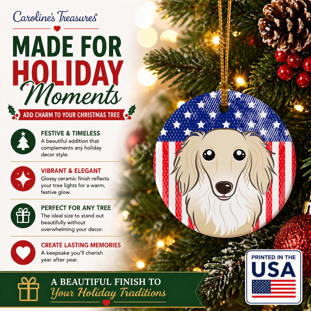 American Flag and Longhair Creme Dachshund Ceramic Ornament Christmas Tree Hanging Decorations for Home Christmas Holiday, Party, Gift, 3 in, Multicolor